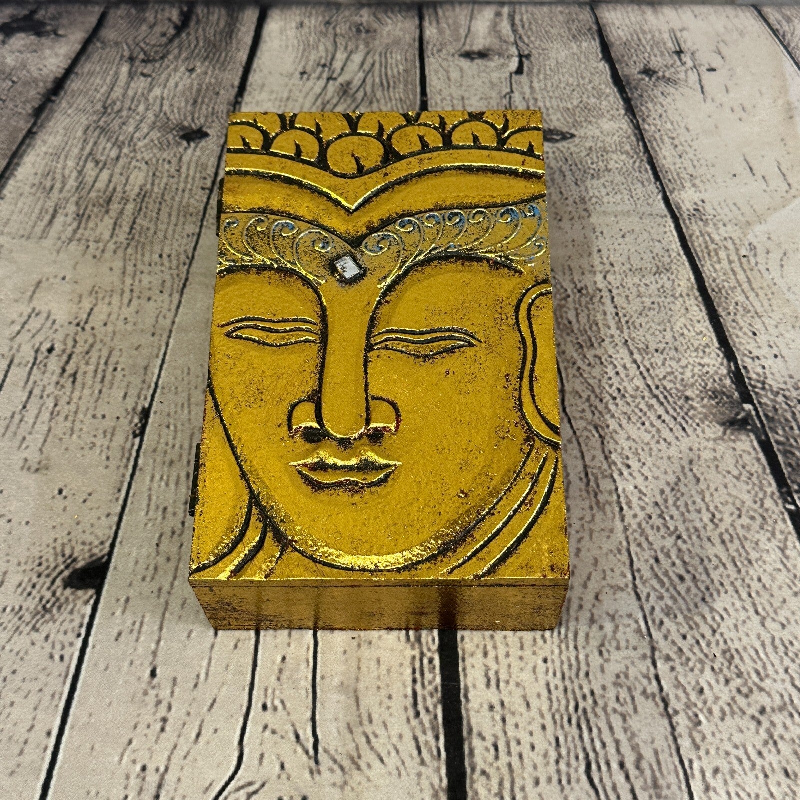 Bright Gold Thai Plain Buddha Face 20cm x 12cm x 5cm Wooden Box Trinket Handmade0