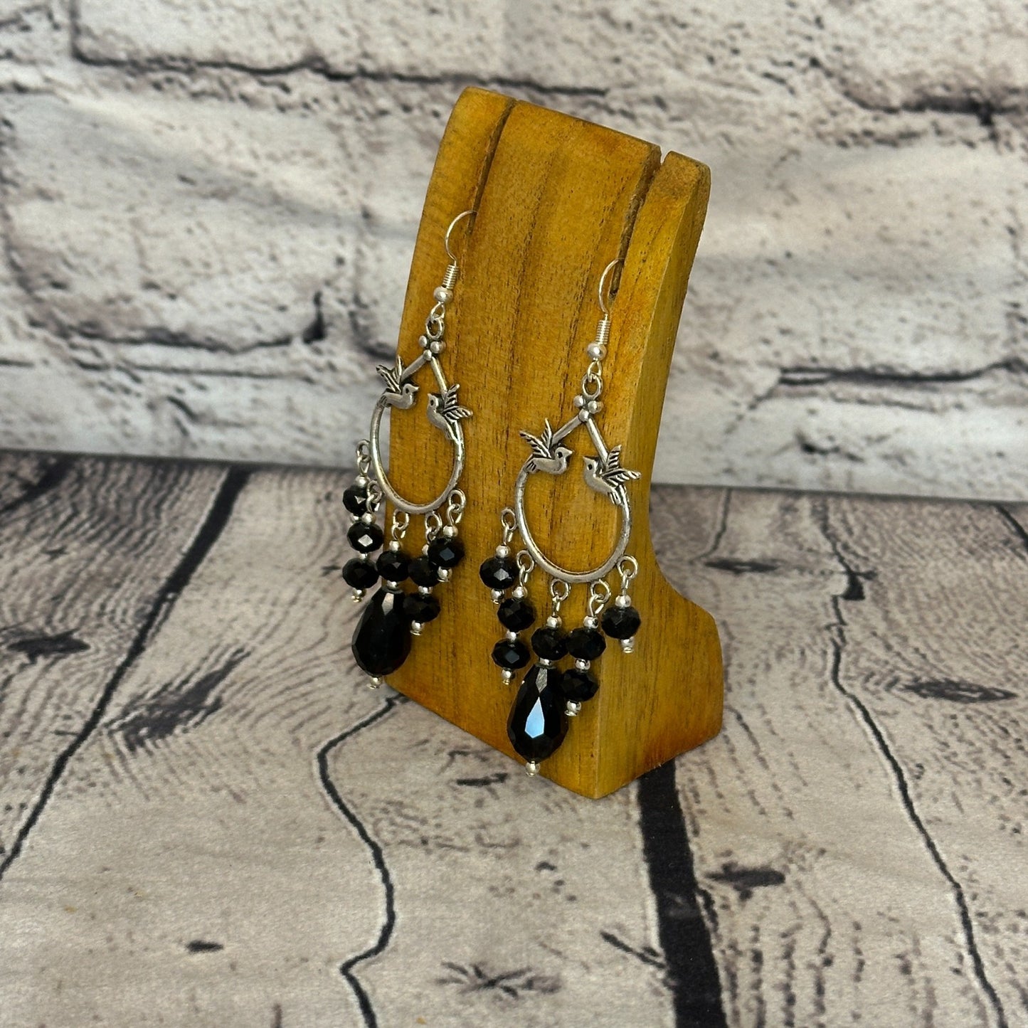 Black Drop Crystal Bird Dangle Drop Earrings Handmade UK Jewellery1
