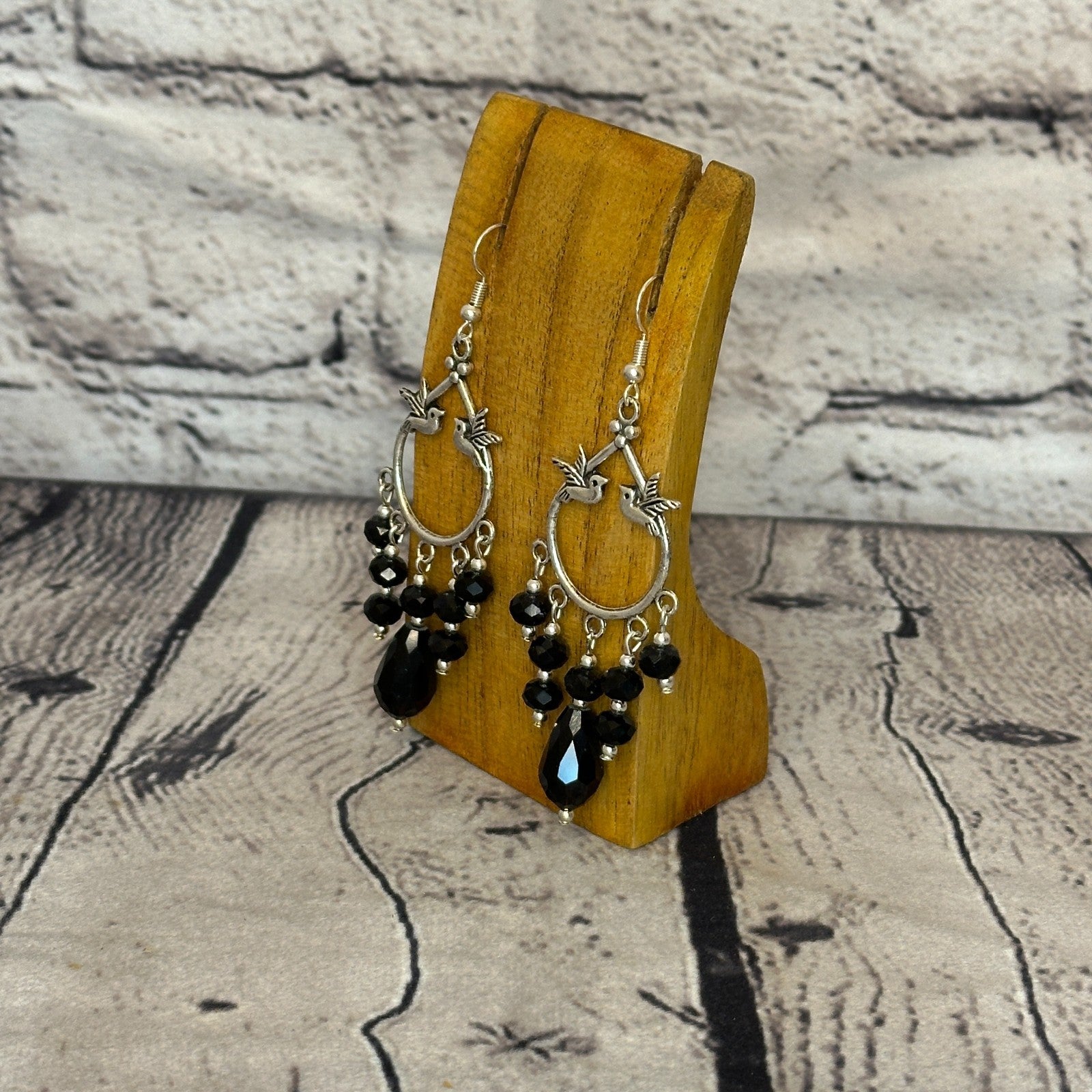 Black Drop Crystal Bird Dangle Drop Earrings Handmade UK Jewellery1