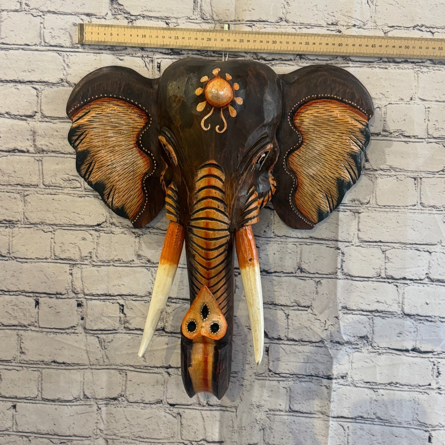 50cm x 45cm Brown Light Painted Wood Elephant Head Wall Mounted Art Shabby3