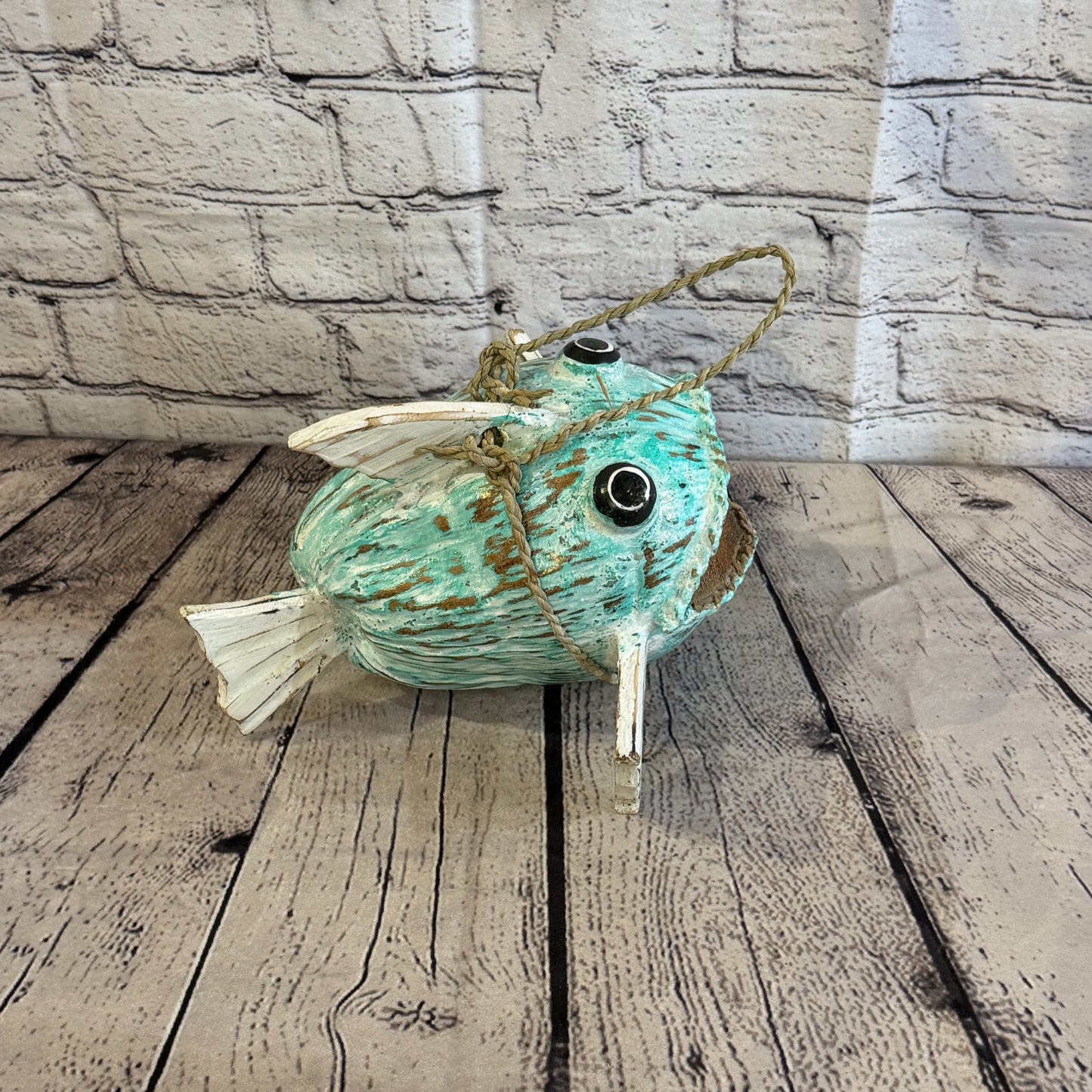 Green White Fins Folk Art Painted Shark Fish Coconut Shell Ornaments Hanging3