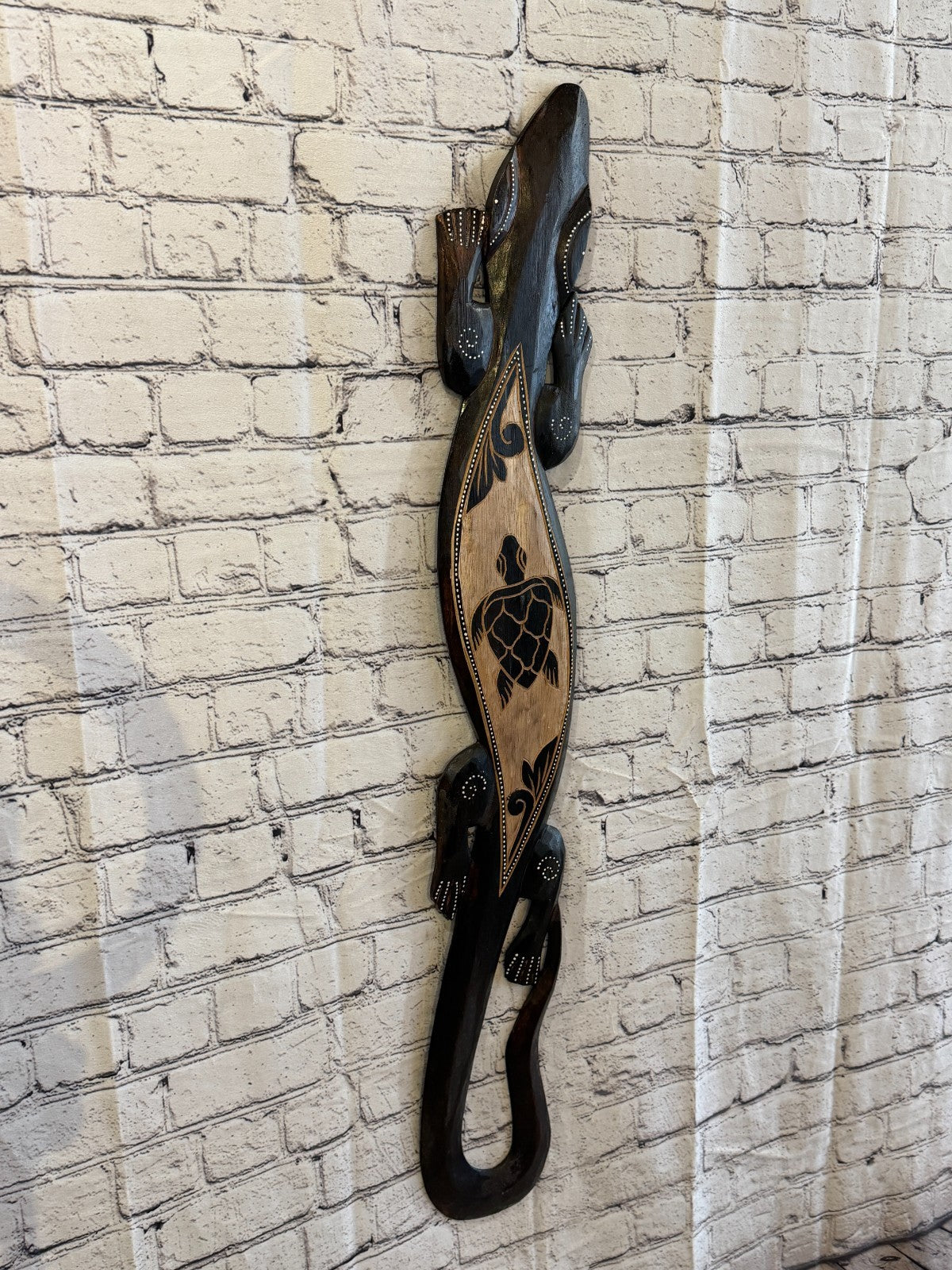 100cm Turtle GeckoCarved Wooden Brown Work Painted Ethnic Tribal Tiki Wall Art0