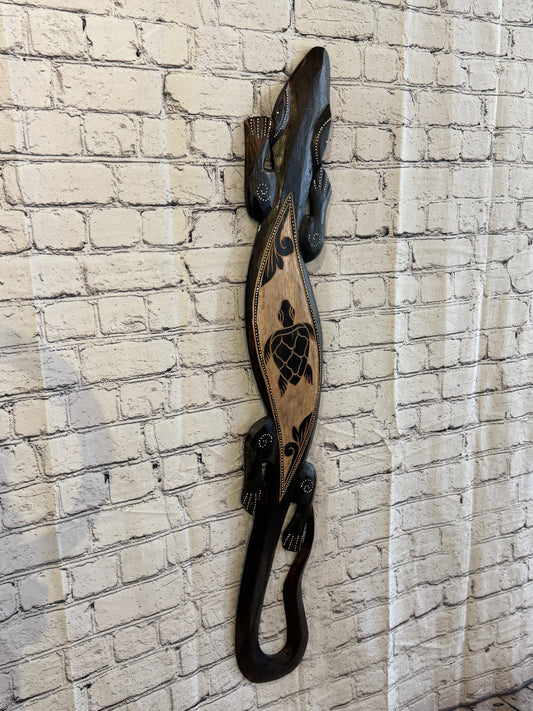 100cm Turtle GeckoCarved Wooden Brown Work Painted Ethnic Tribal Tiki Wall Art0