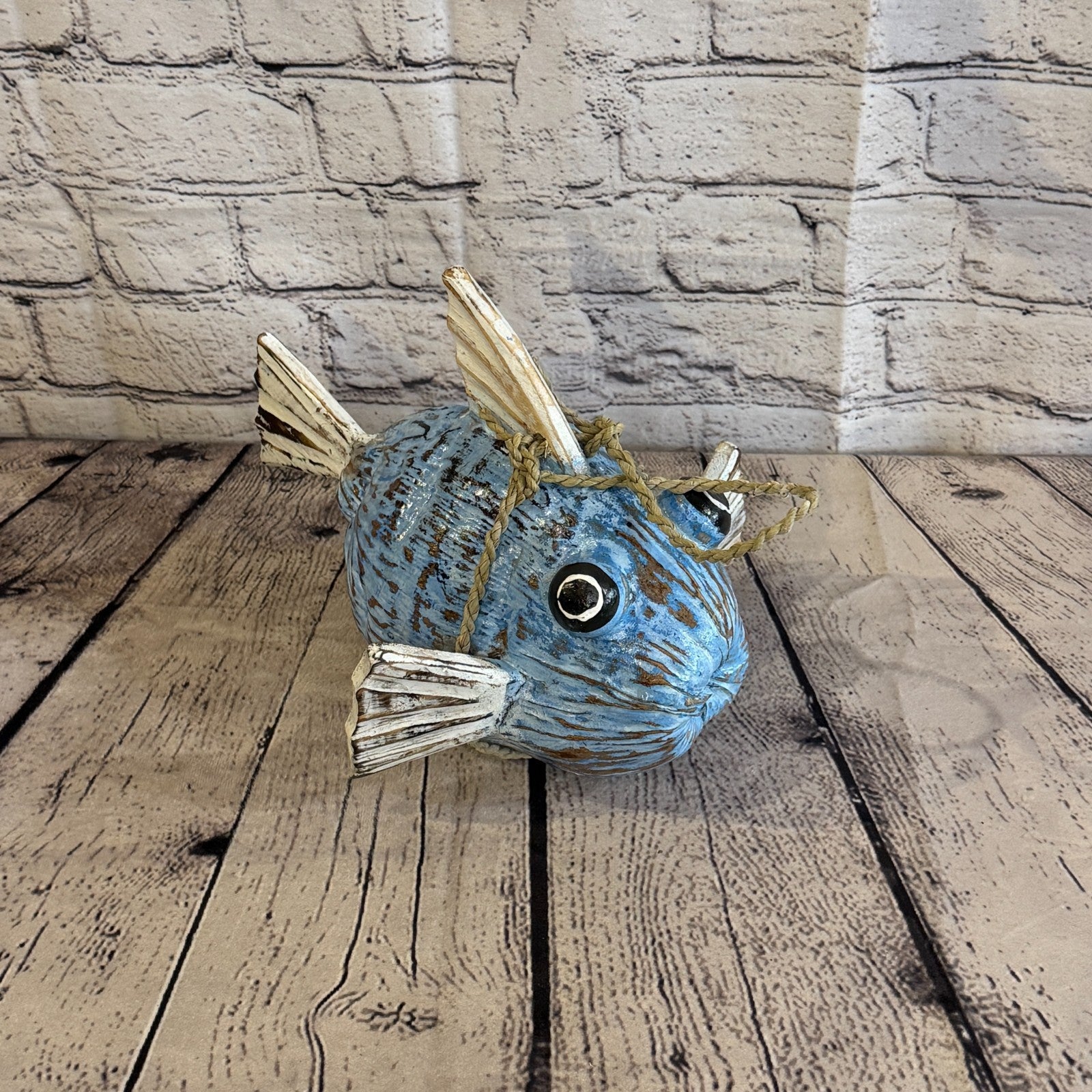 Blue White Fins Folk Art Painted Puffer Fish Coconut Shell Ornaments Hanging2