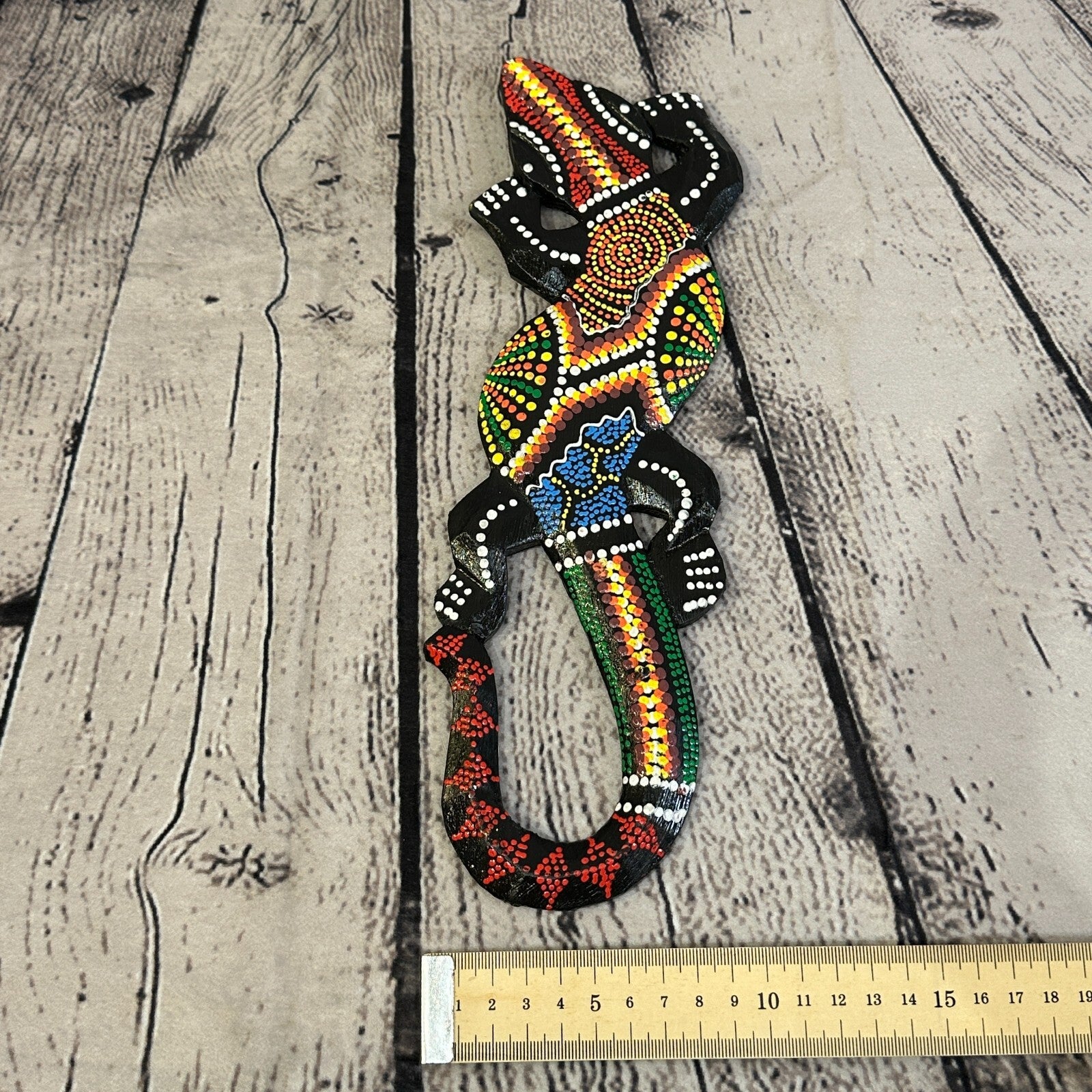 30cm Gecko Carved Wooden Dot Painted Ethnic Tribal Tiki Wall Handmade No 65