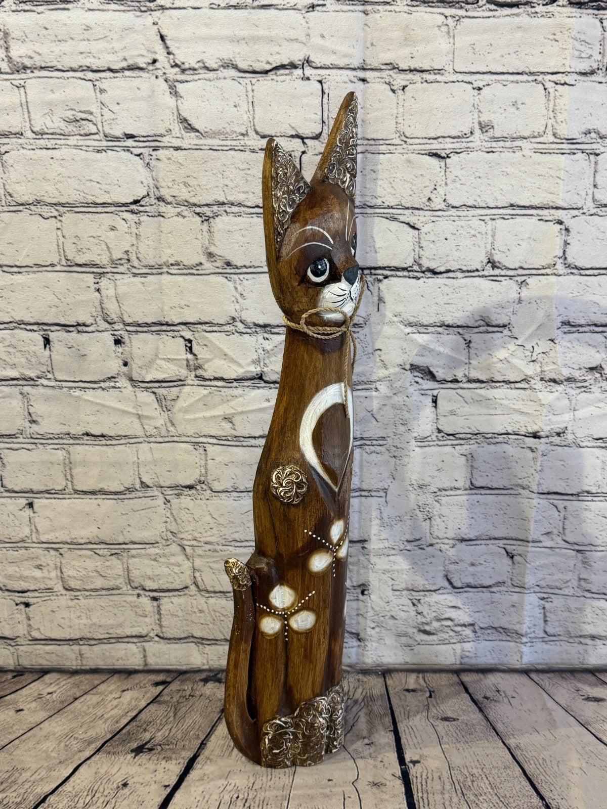 60cm Brown Silver Dots Wooden Shabby Cat Statue Ornament Fair Trade Handcarved2