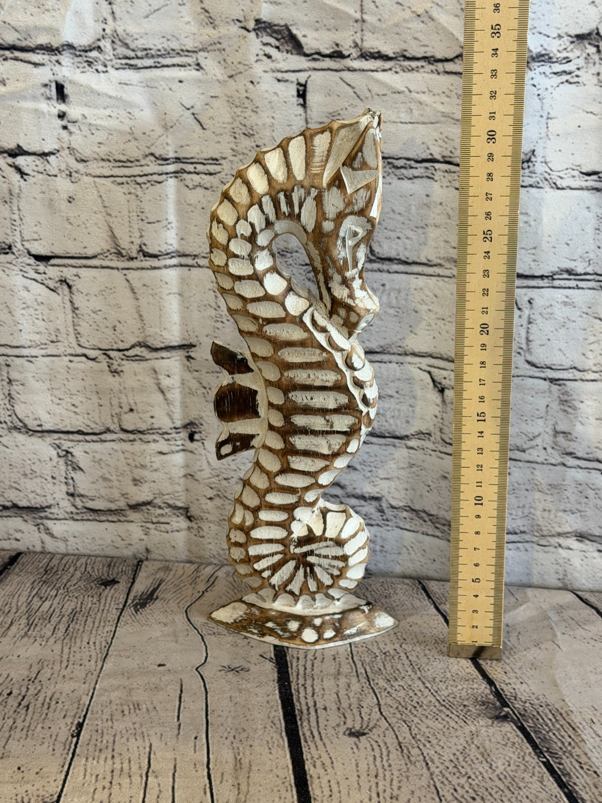 30cm Brown Wooden Shabby Seahorse Statue Ornament Fair Trade Handcarved5