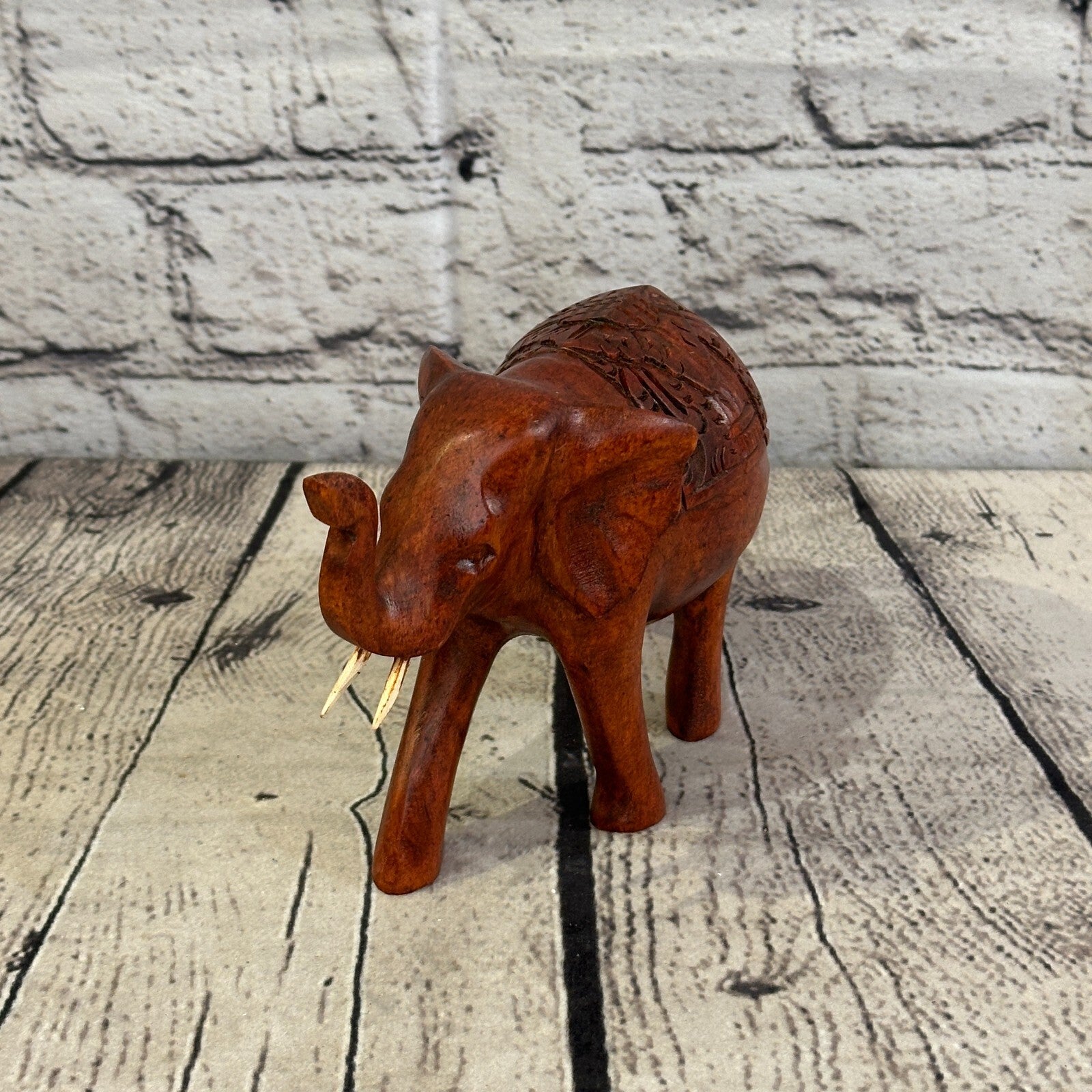 15cm x 10cm Carved Wooden Baby Elephant Wood Brown Sculpture Retro Handmade1