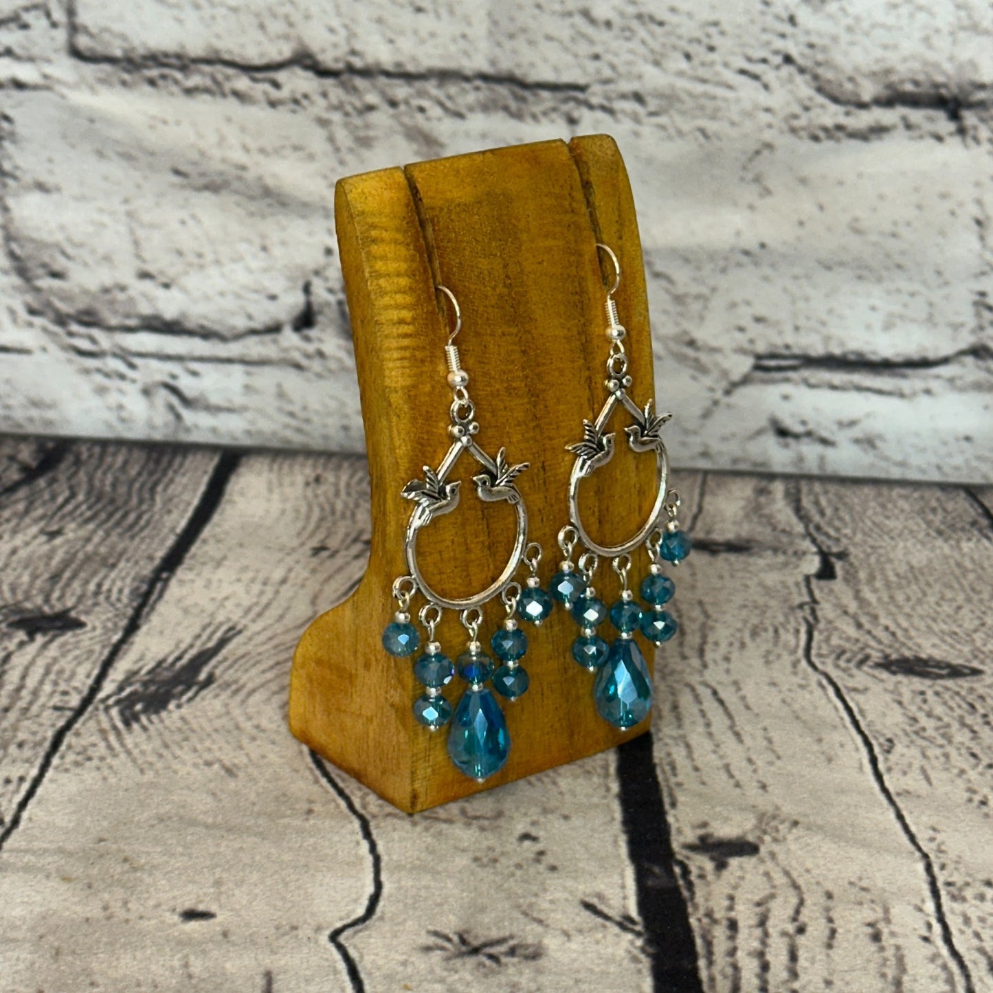 Light Blue Drop Crystal Bird Dangle Drop Earrings Handmade UK Jewellery2