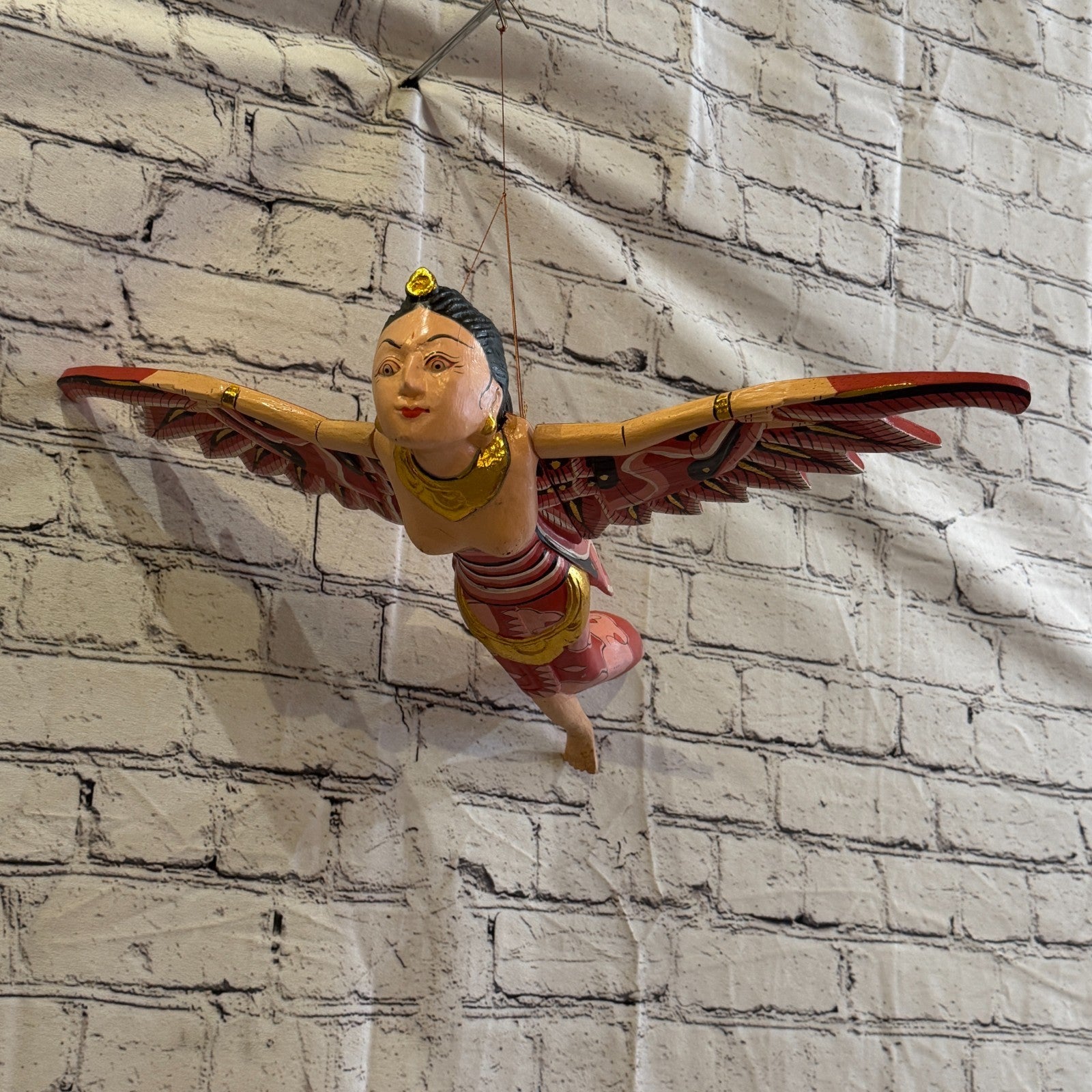 35cm Red Sita Hindu Folk Art Carved Wood Flying Winged Mobile Spirit Guardian3