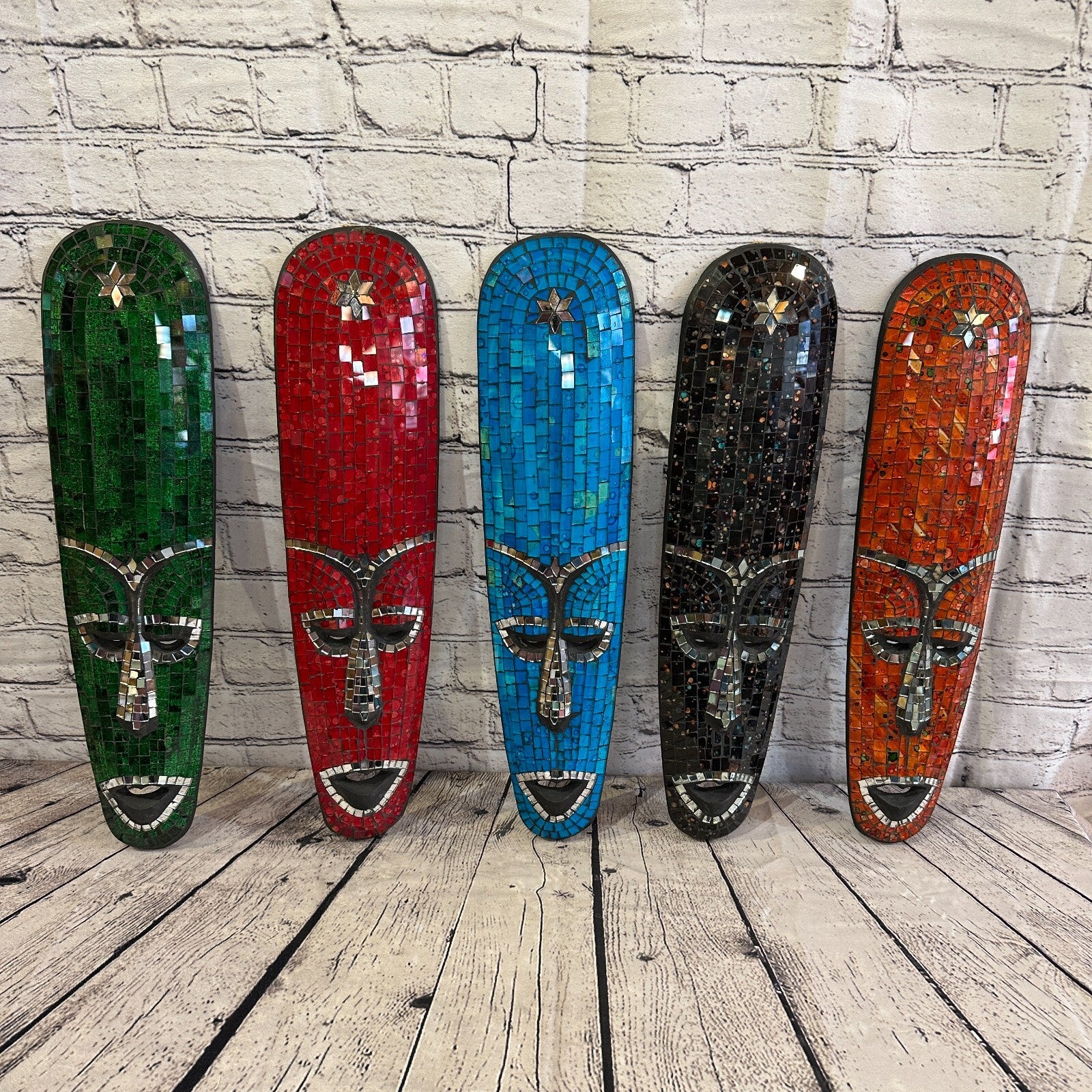 50cm Green Mosaic Mirror Mask Carved Painted Ethnic Tribal Wall Art Handmade8