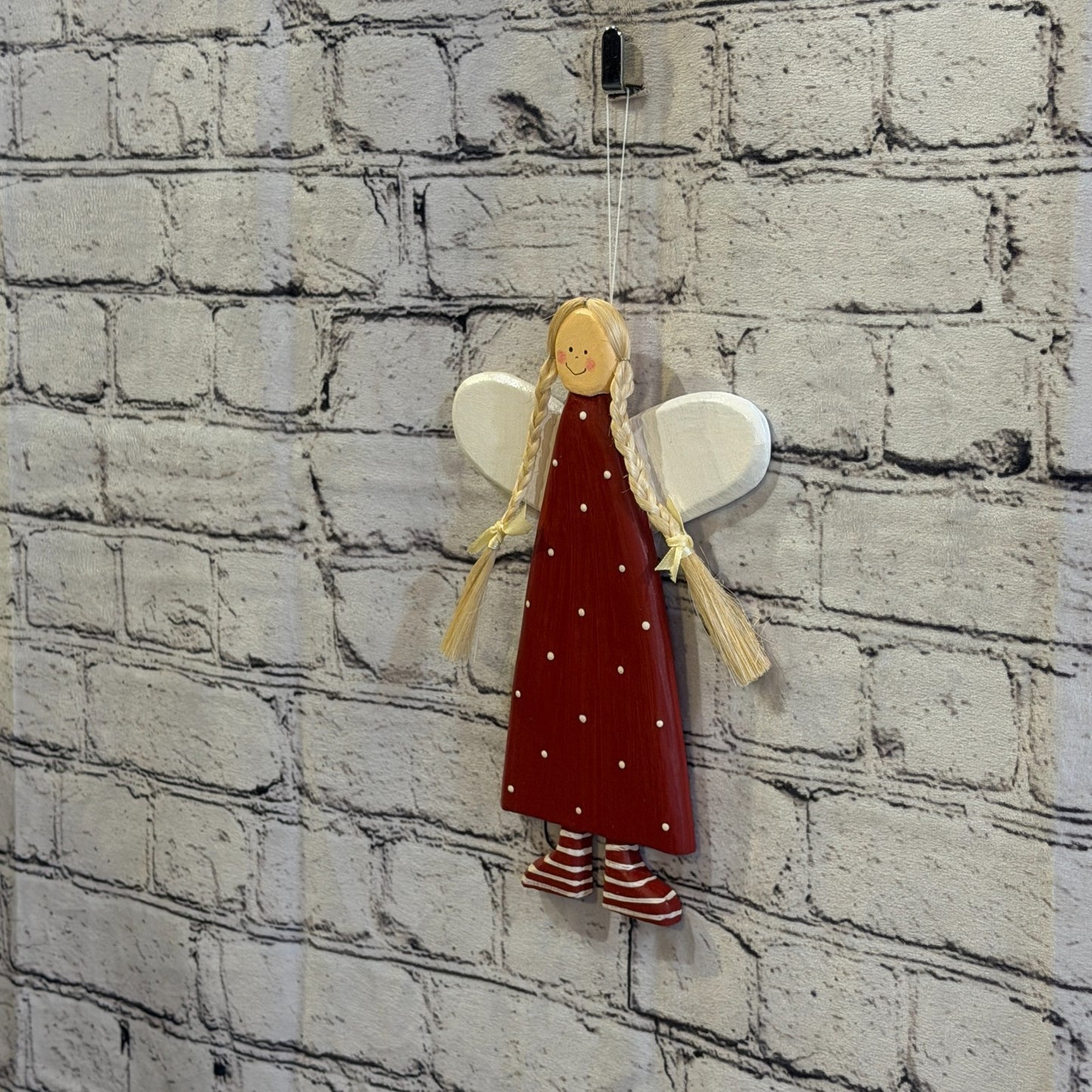 25cm Red Wall Hanging Angel Figurine Folk Art Wood Fabric Baltic Handmade3