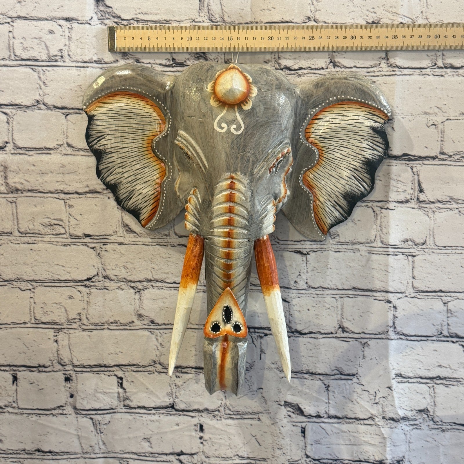 40cm x 35cm Grey Light Painted Wood Elephant Head Wall Mounted Art Shabby3