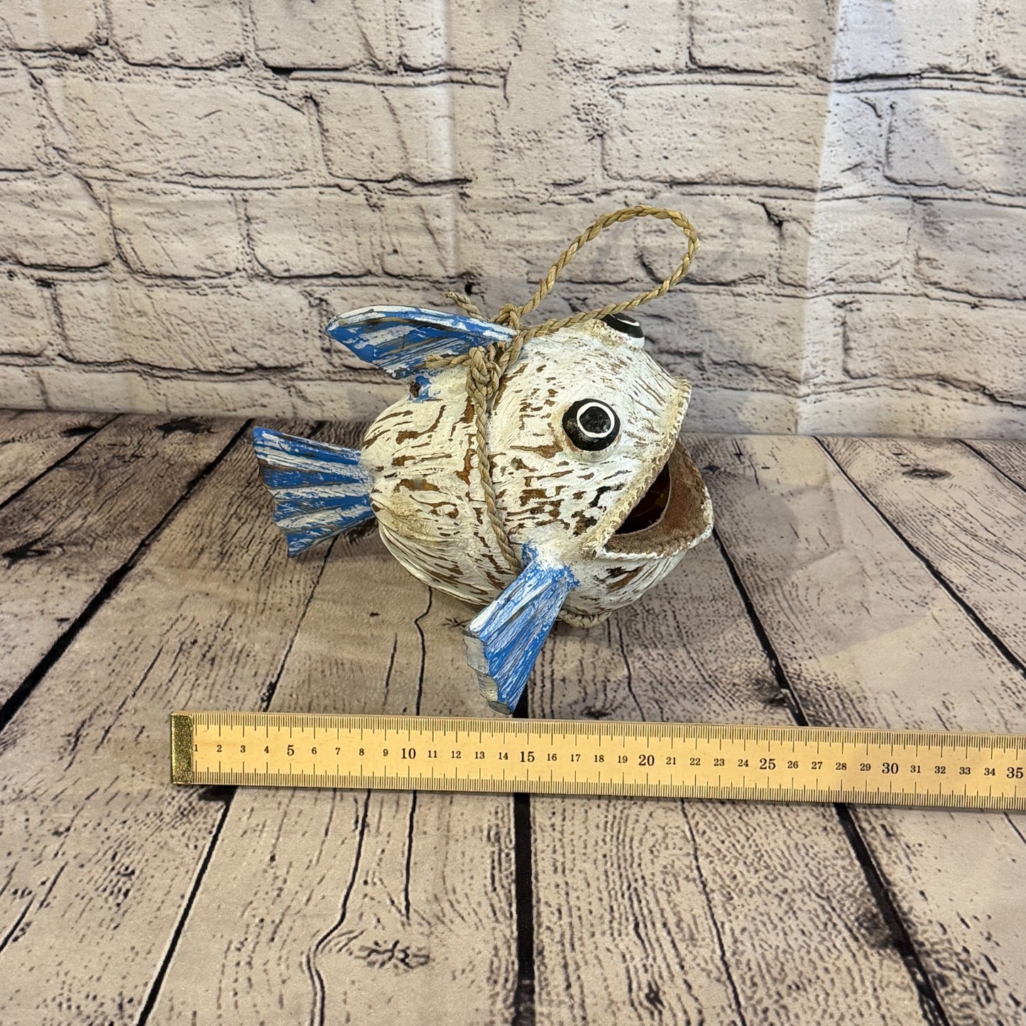 White Blue Fins Folk Art Painted Shark Fish Coconut Shell Ornaments Hanging6