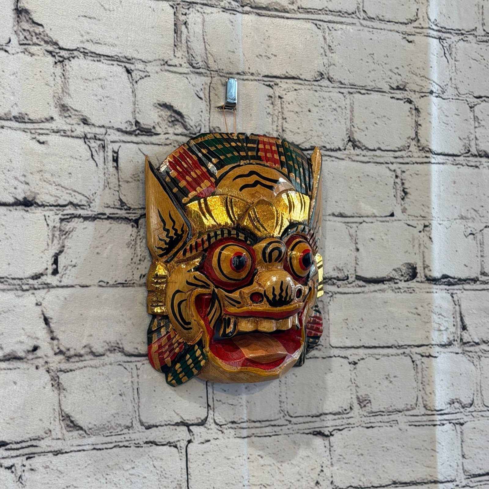 Large Wooden Natural Barong Wall Mask 20cm x 20cm Handmade And Fairtrade Hindu1