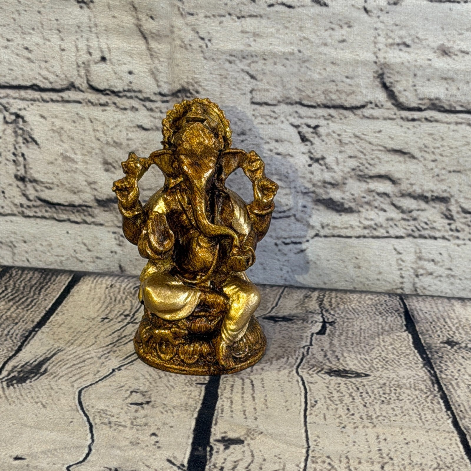 Bronze & Bronze 12cm Small Ganesh Ganesa Sitting On Lotus Statue Resin Hindu1