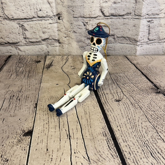 10cm Navy Day Of The Dead Lady Sitting Animal, Wooden Shelf Ornament Fairtrade0