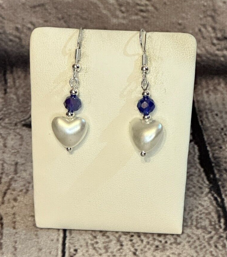 Indigo Crystal And White Heart Shaped Dangle Drop Earrings Handmade UK Jewellery0