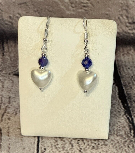 Indigo Crystal And White Heart Shaped Dangle Drop Earrings Handmade UK Jewellery0