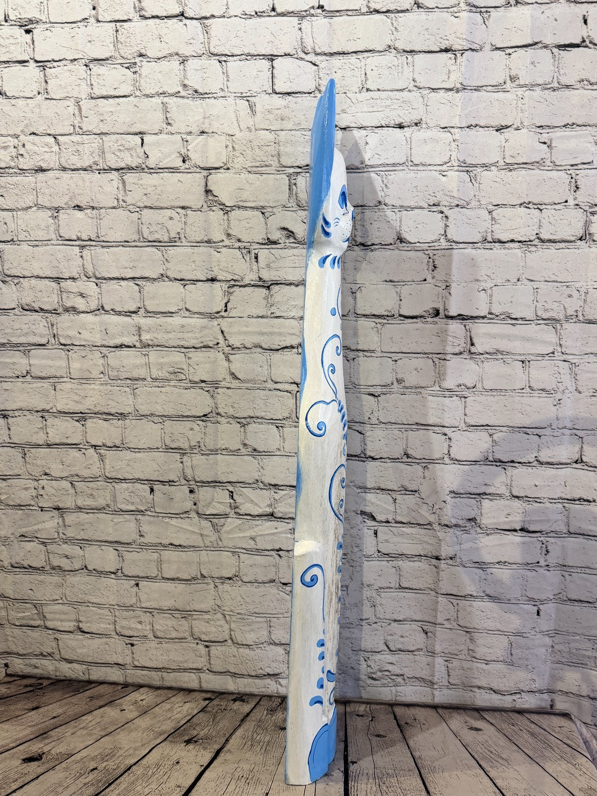100cm Blue White Flower Wooden Shabby Cat Statue Ornament Fair Trade Handcarved3