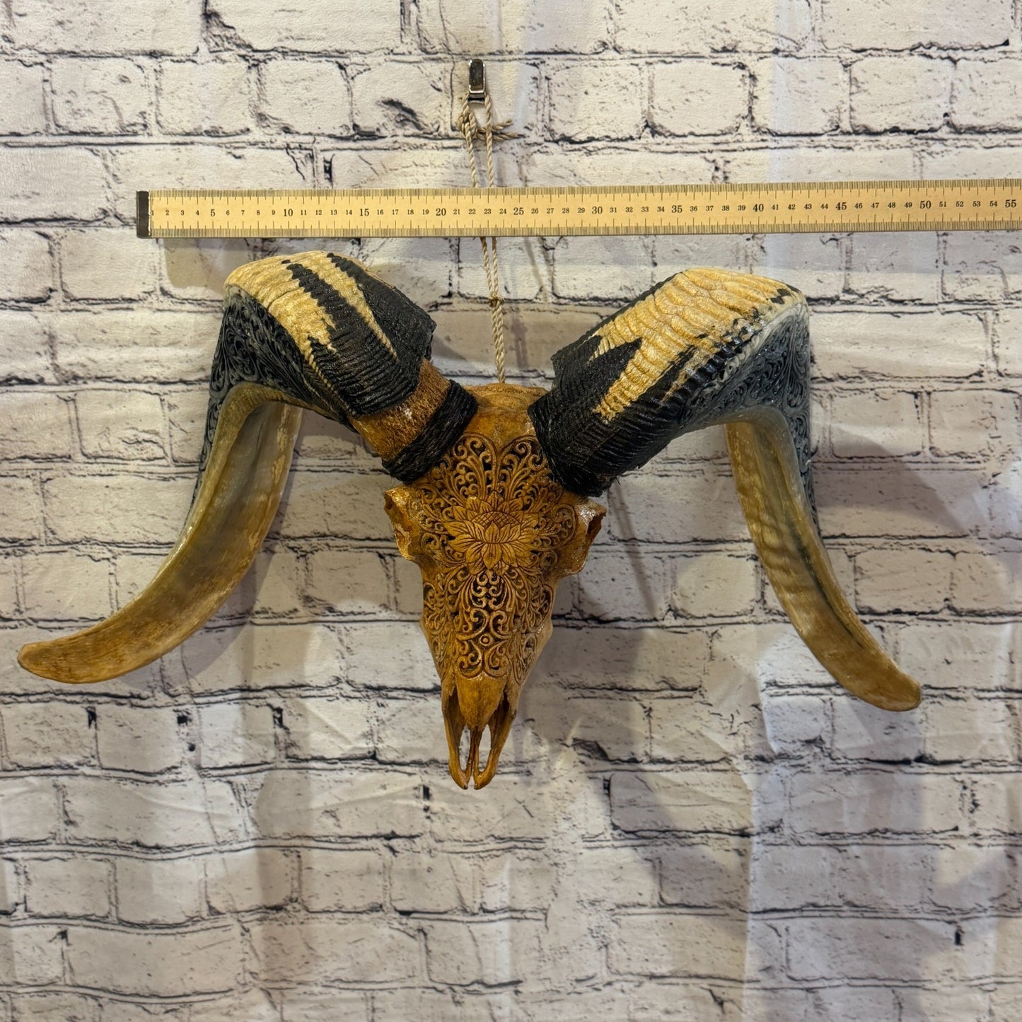 30cm Carved Buffalo Ram Wild Skulls Wall Hanging Carved With Stand Design 34