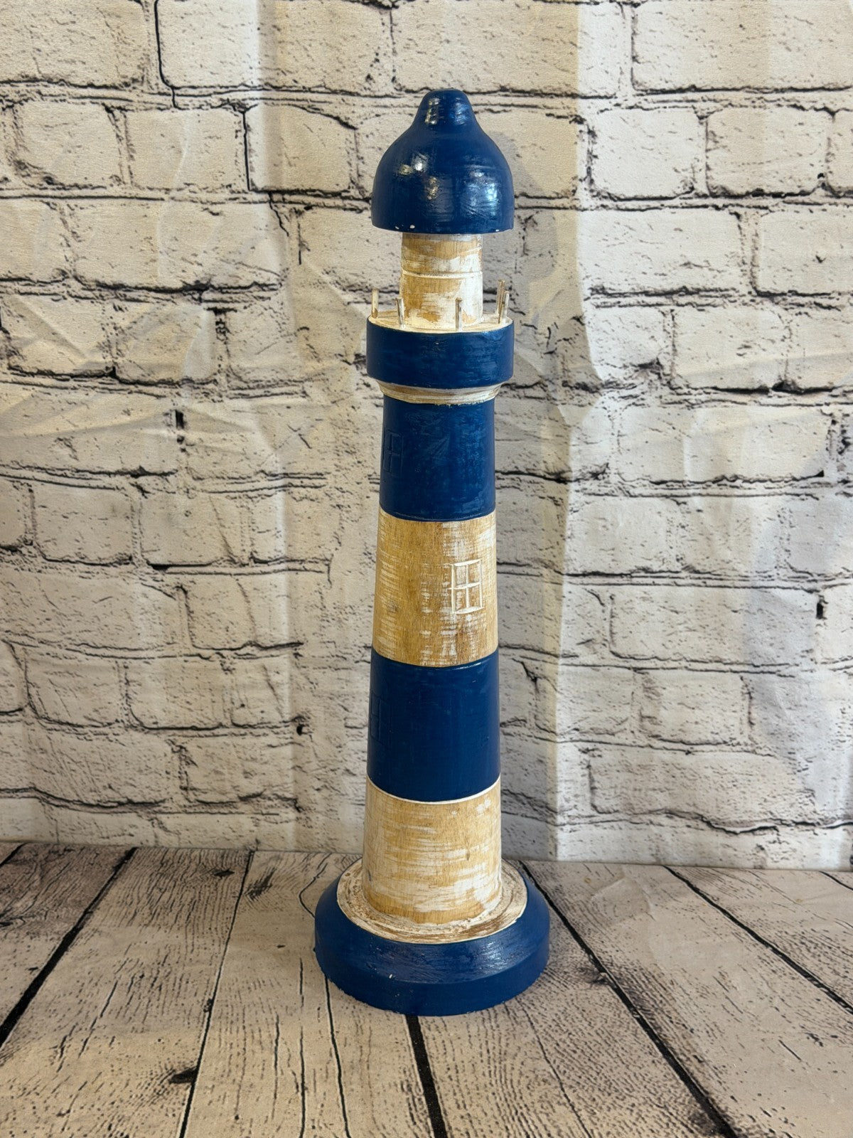 50cm Blue White Wooden Lighthouse Ornament Nautical Coastal Sculpture Statue2