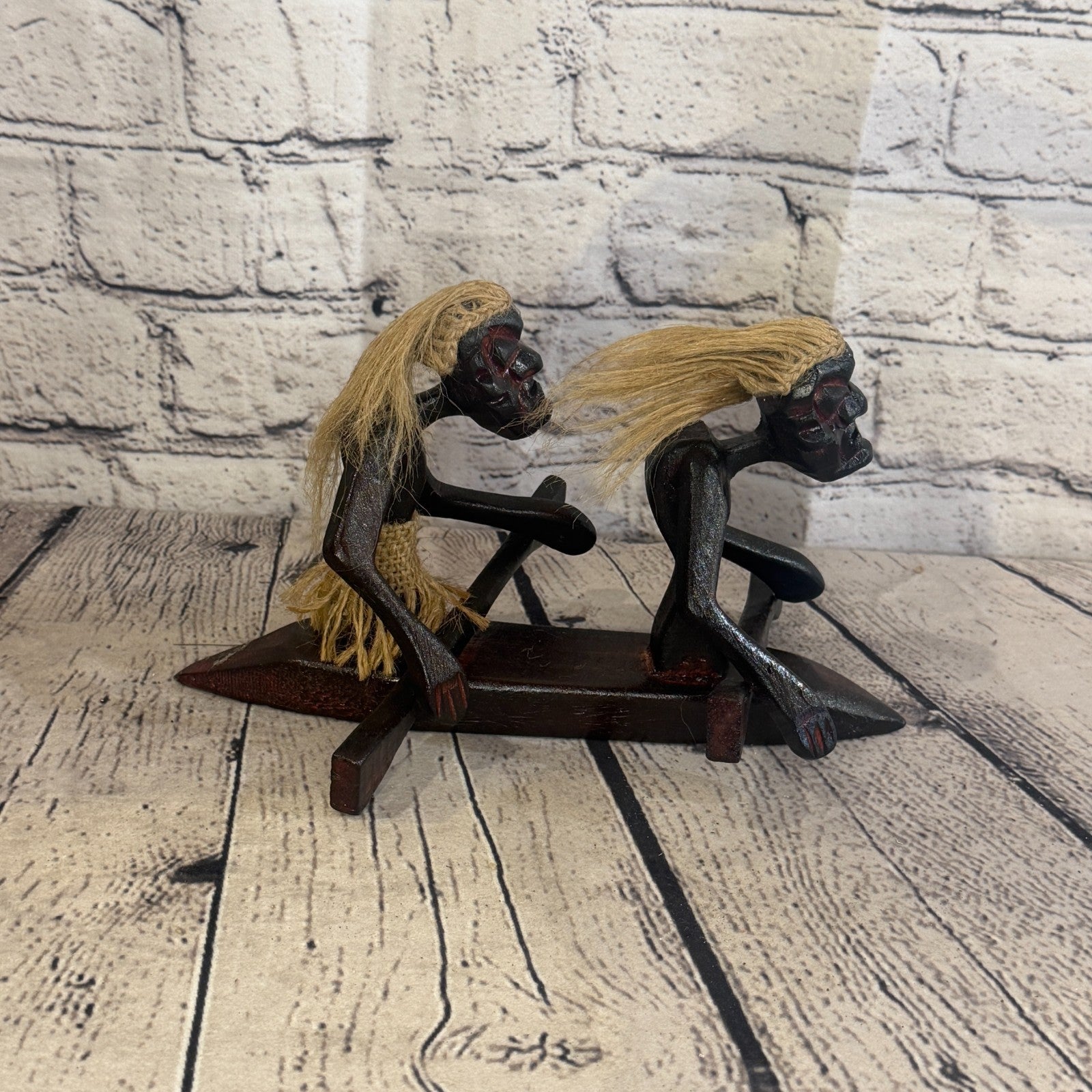 15cm Couple Kayaking African Tribal Warrior Man Figure Statue Wood Hand Carved3