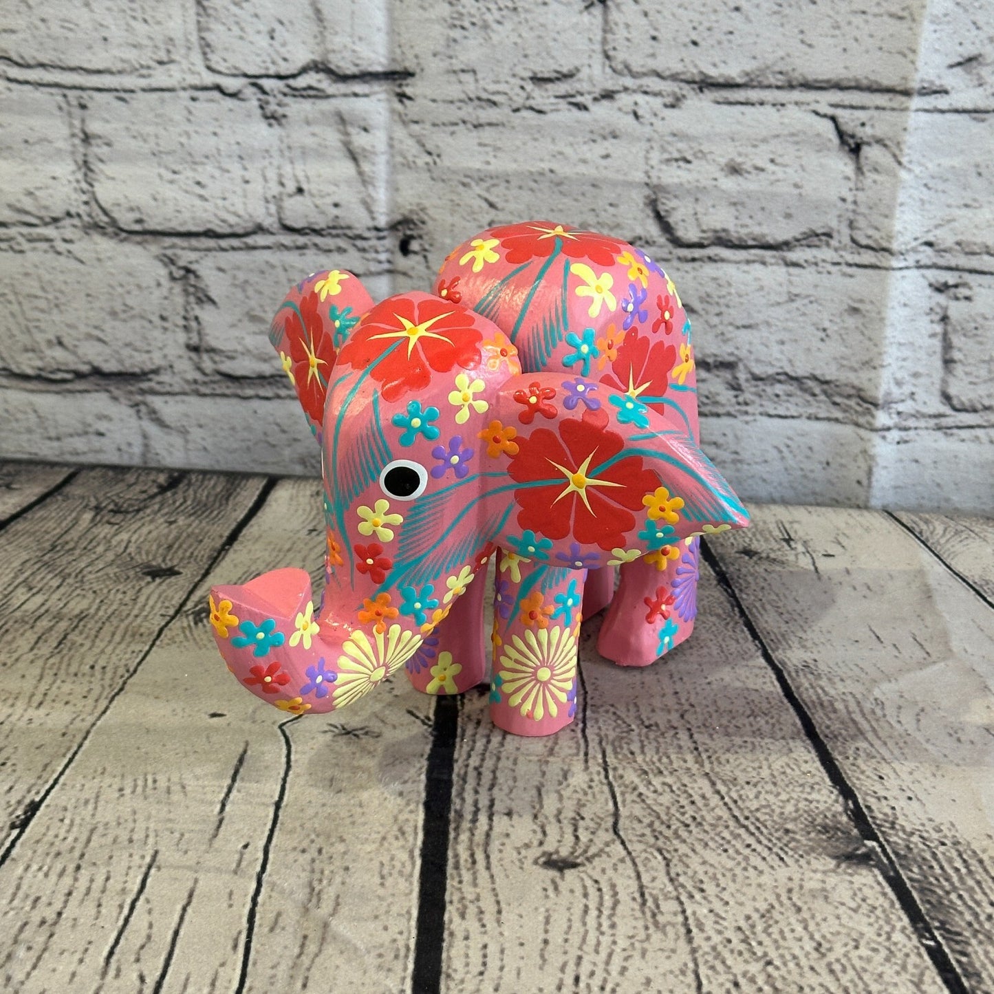 Pink Wooden Elephant With Flower Pattern 15cm x 18cm Handmade and Fairtrade2