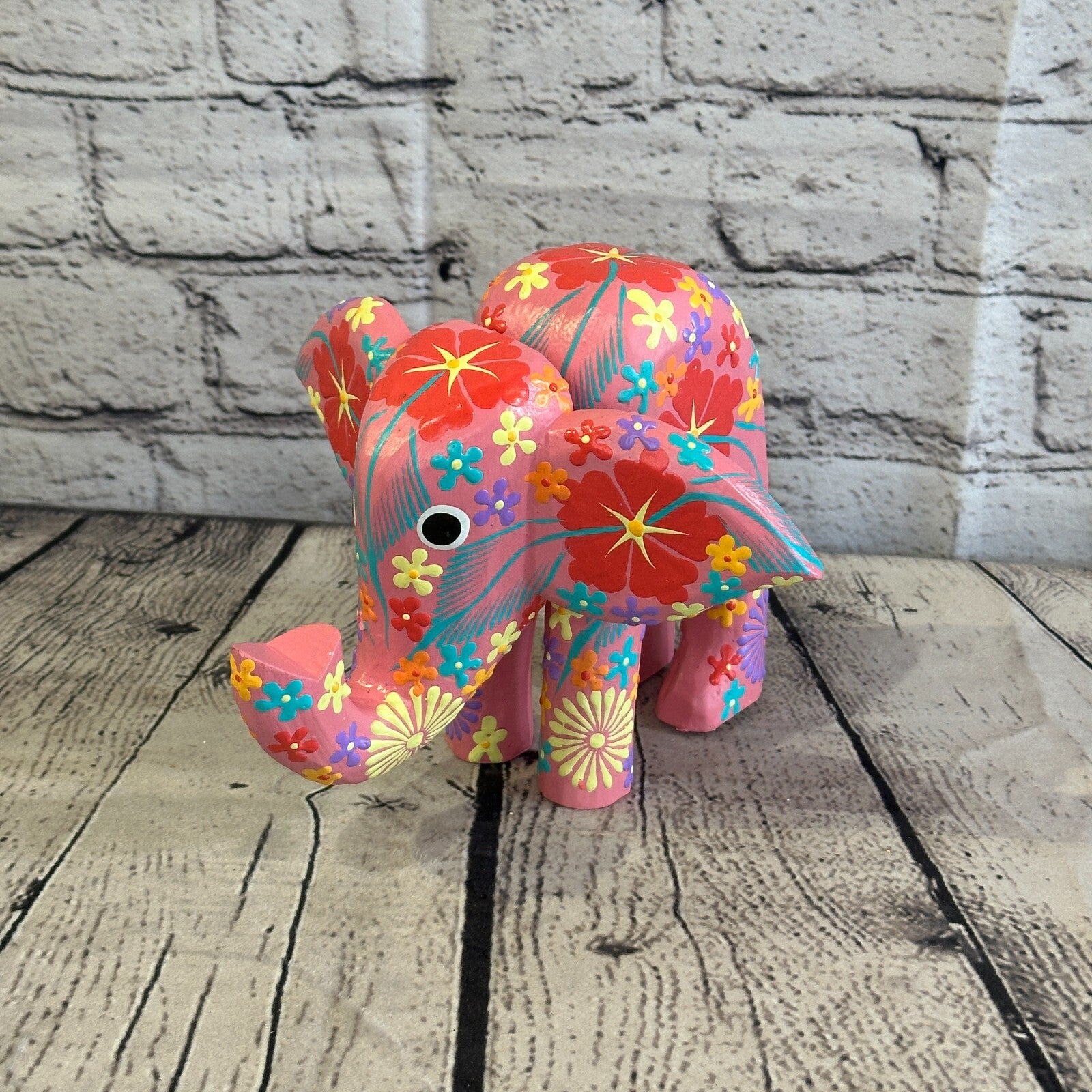 Pink Wooden Elephant With Flower Pattern 15cm x 18cm Handmade and Fairtrade2