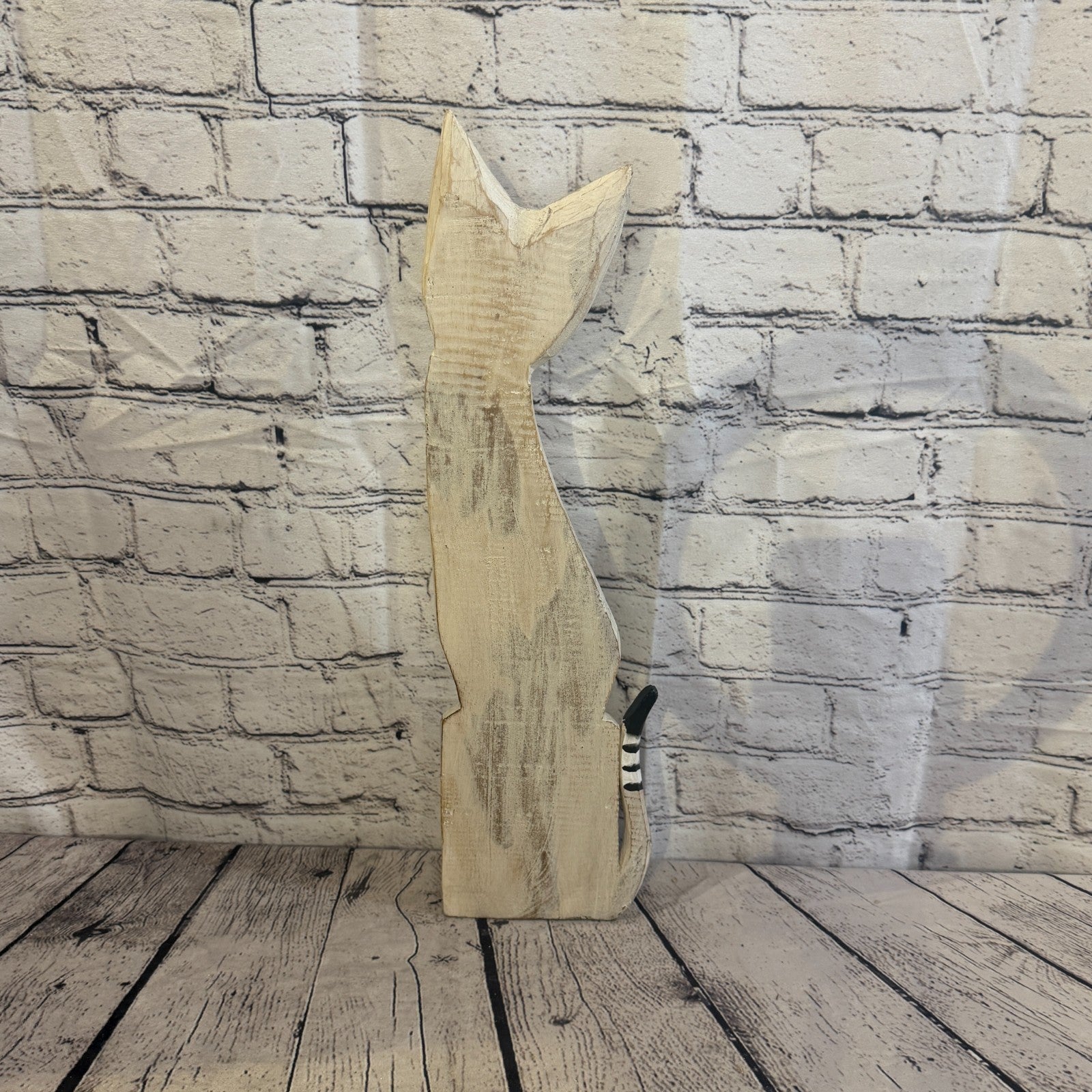 50cm White Flower Wooden Shabby Cat Statue Ornament Fair Trade Handcarved4