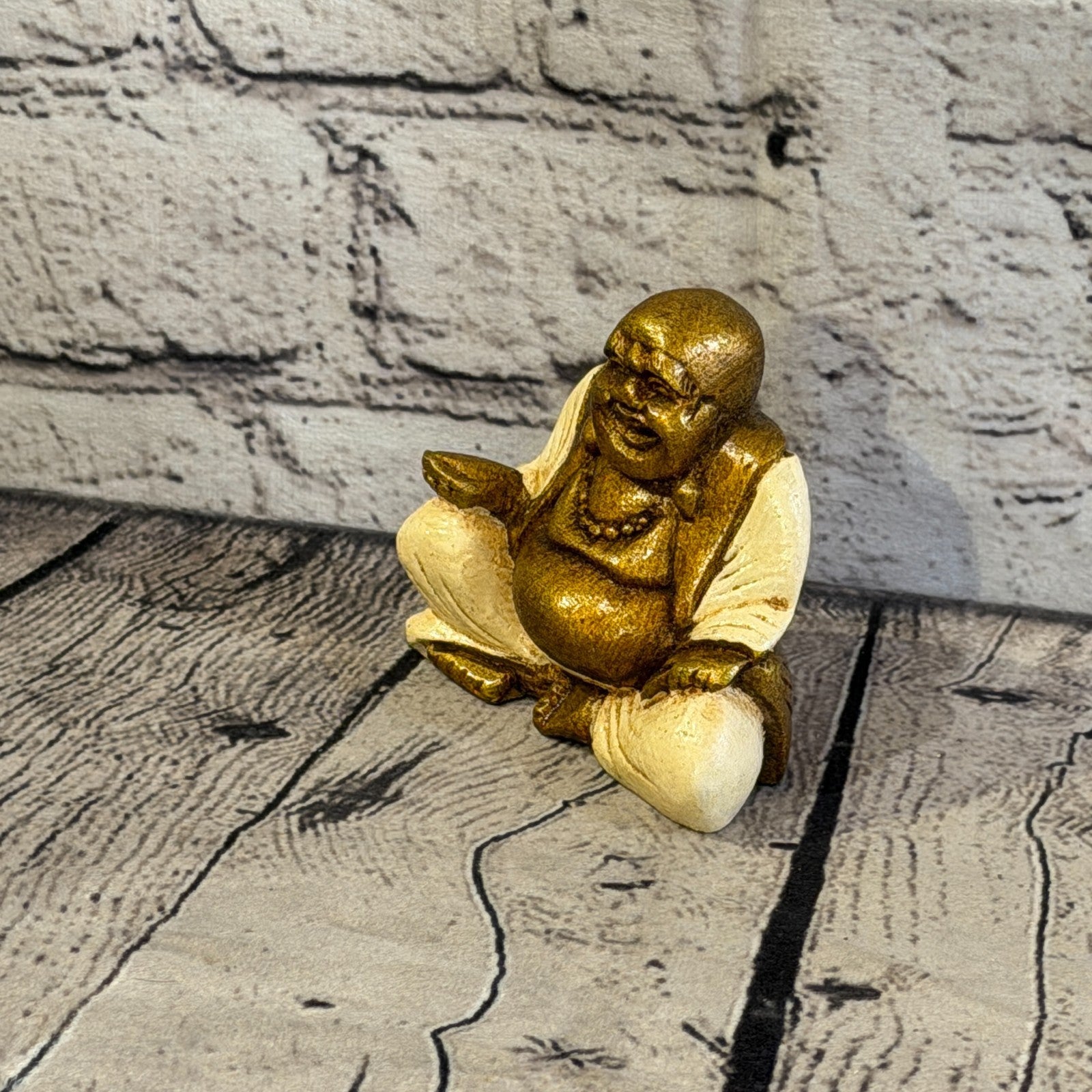 Cream & Bronze 10cm x 10cm Small Chinese Buddha Sitting On Lotus Statue Resin0