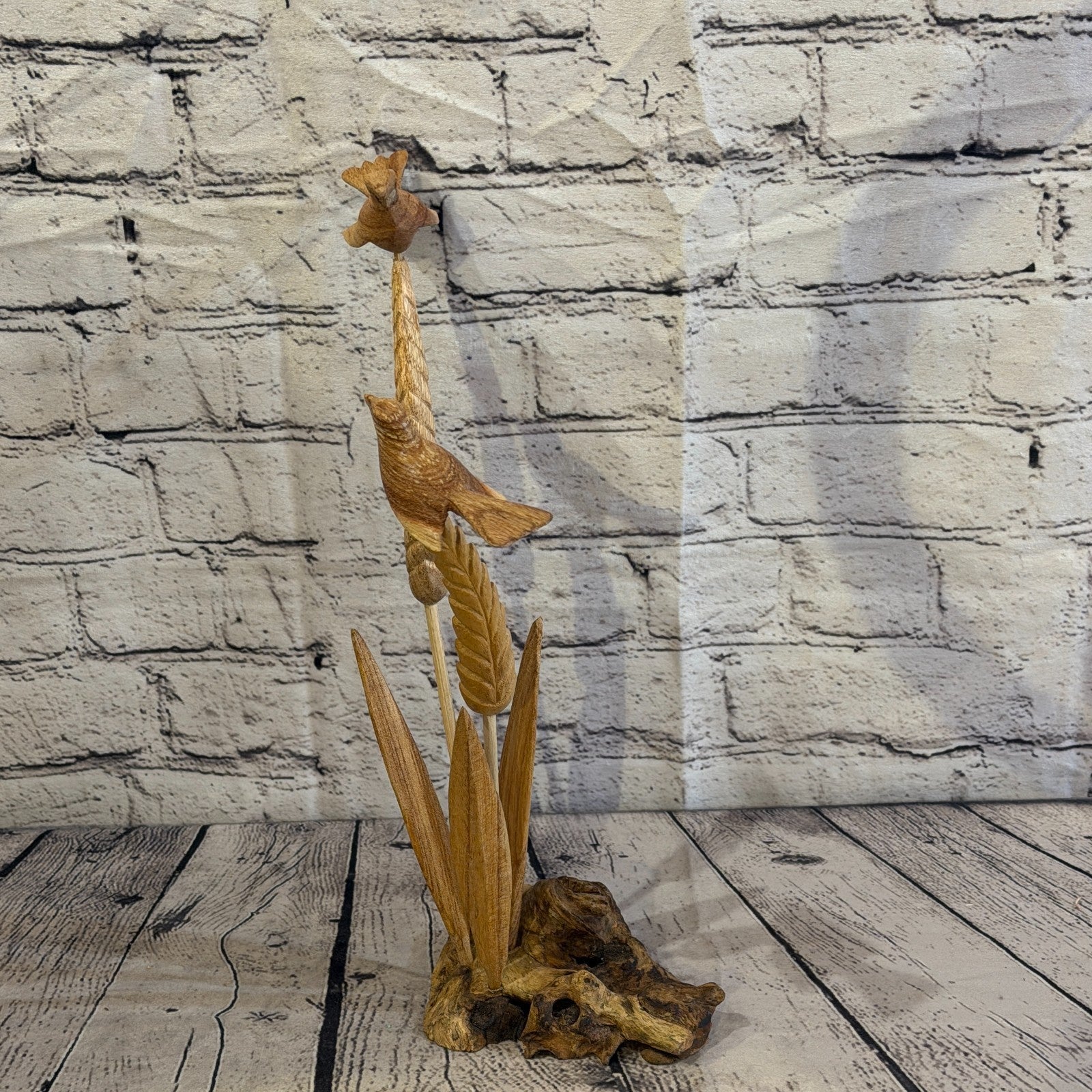 35cm 2 Birds On Wheat Reeds Stand Parasite Wood Ornament Natural Carving Wooden3