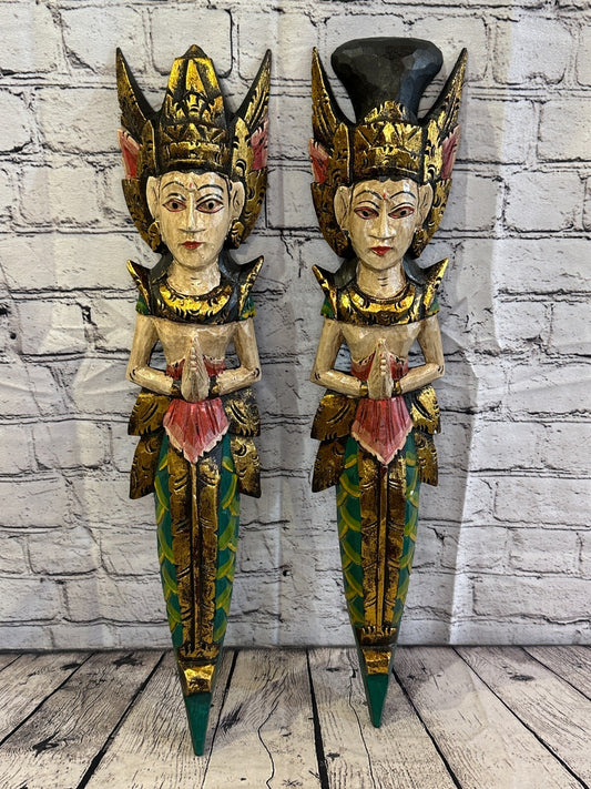 Plain Antique Colour Sita Dewi Bali Rice Goddess Wings Mermaid Wood 60cm Pair0