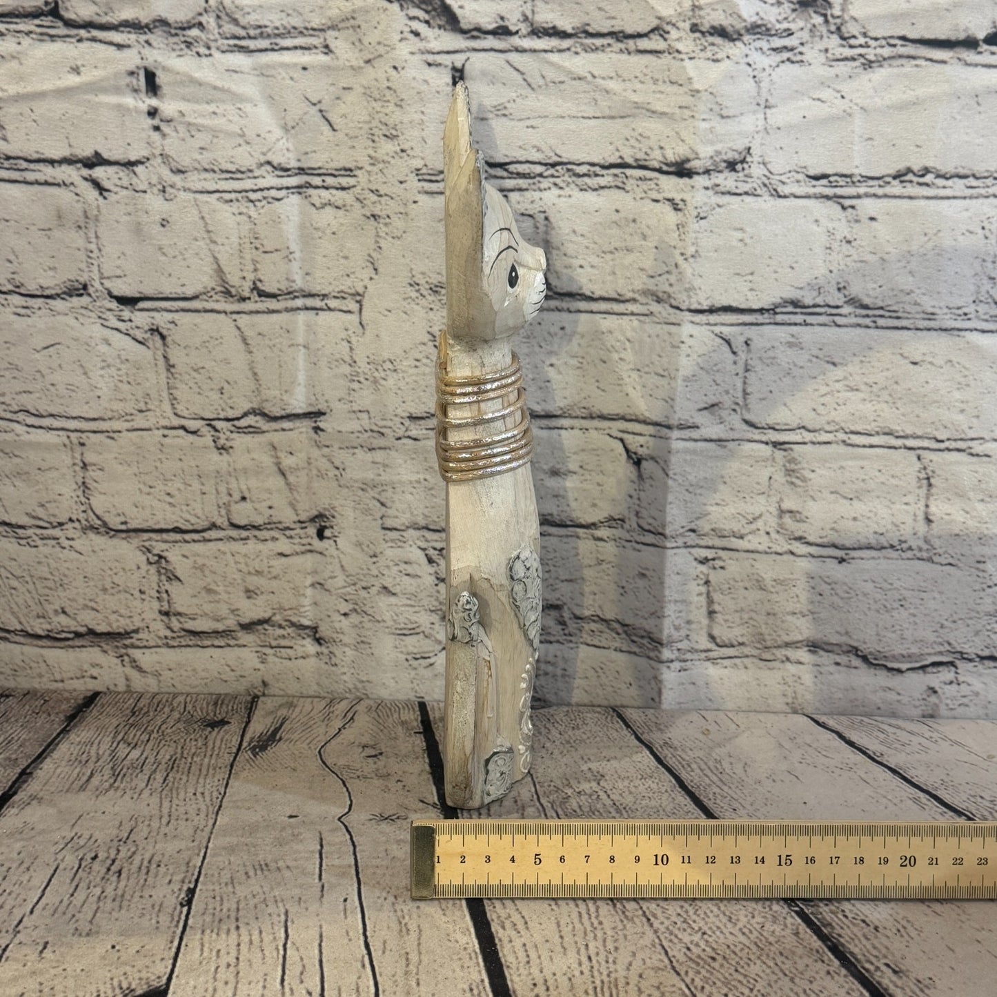 30cm White Silver Dots Wooden Shabby Cat Statue Ornament Fair Trade Handcarved7