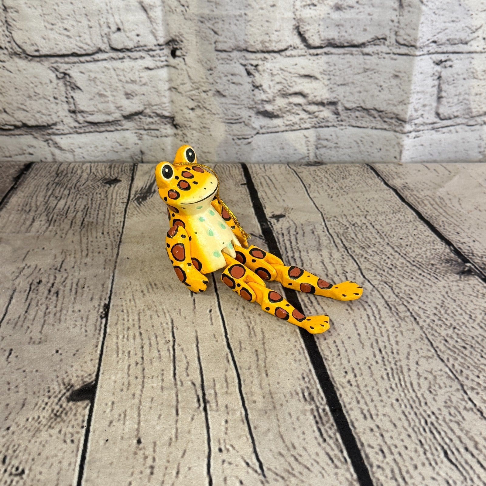 10cm Yellow Frog Sitting Animal, Wooden Shelf Ornament Handmade Fairtrade2