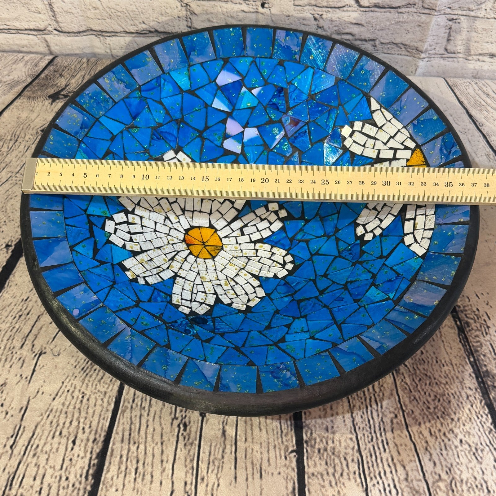 35cm Blue Daisy Flower Round Mosaic Handmade Ceramic Glass Tile Bowl Fruit1