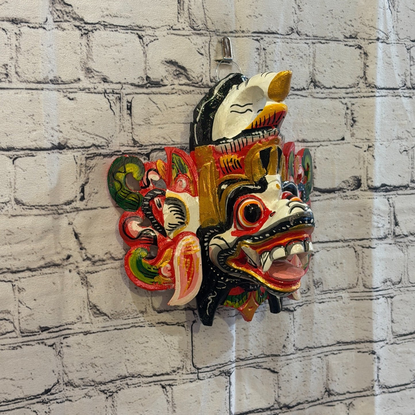 25cm Barong Crown White Demon Dragon Hindu Deity Wooden Hand Carved Mask Painted0