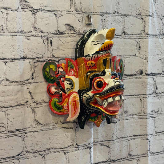 25cm Barong Crown White Demon Dragon Hindu Deity Wooden Hand Carved Mask Painted0