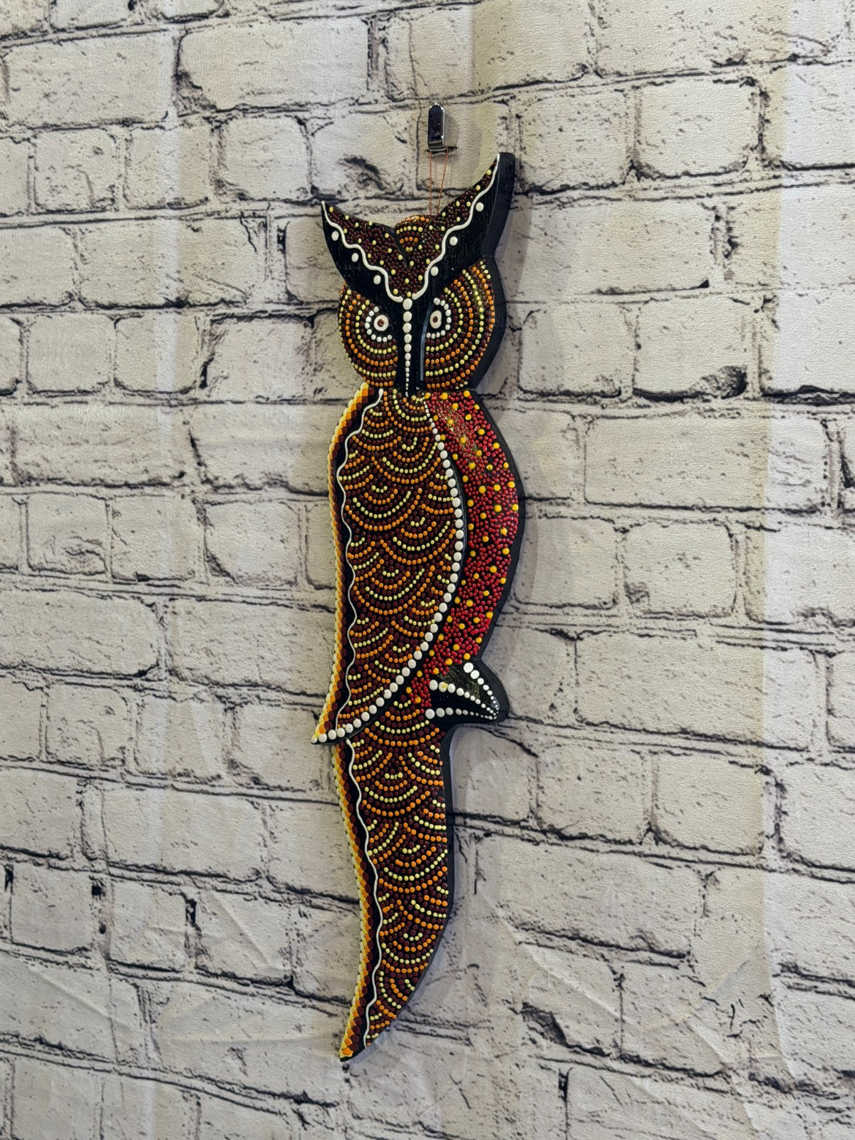 45cm Owl Bird Carved Wooden Dot Painted Ethnic Tribal Tiki Wall Art No 11