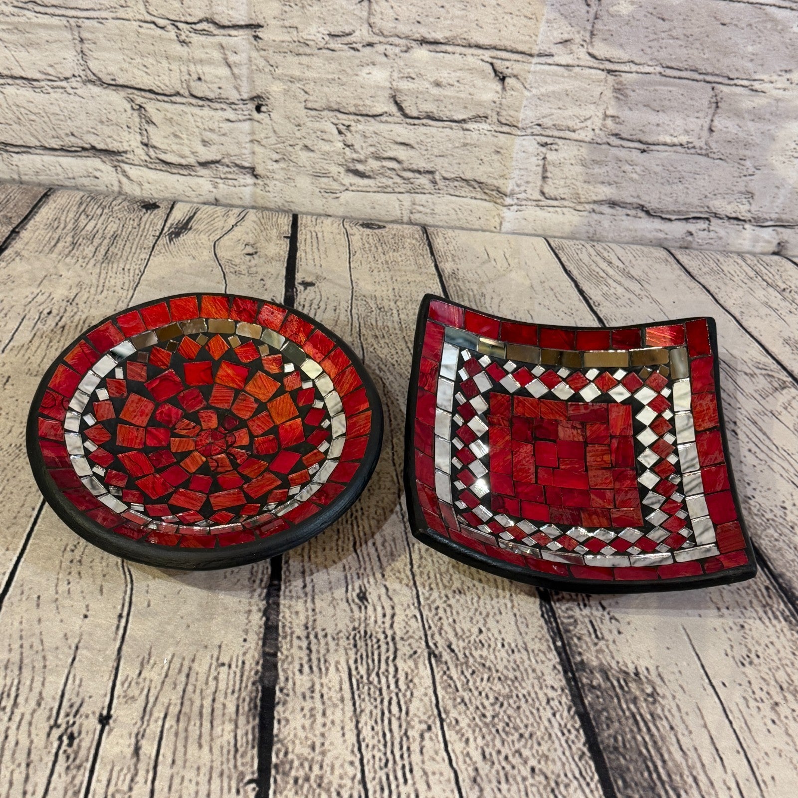 20cm Red Round Mirror Mosaic Handmade Ceramic Glass Tile Bowl Fruit5