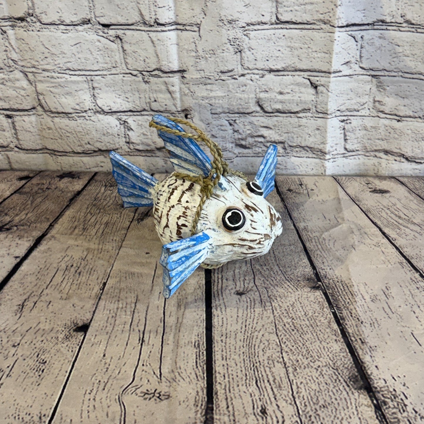 White Blue Fins Folk Art Painted Puffer Fish Coconut Shell Ornaments Hanging2