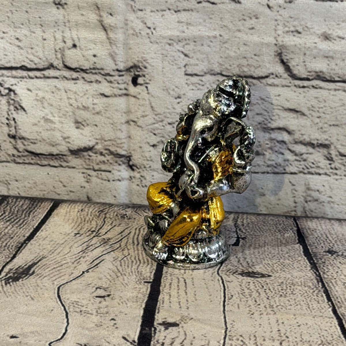 Gold & Silver 12cm Small Ganesh Ganesa Sitting On Lotus Statue Resin Hindu0