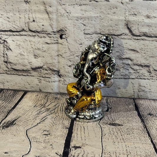 Gold & Silver 12cm Small Ganesh Ganesa Sitting On Lotus Statue Resin Hindu0