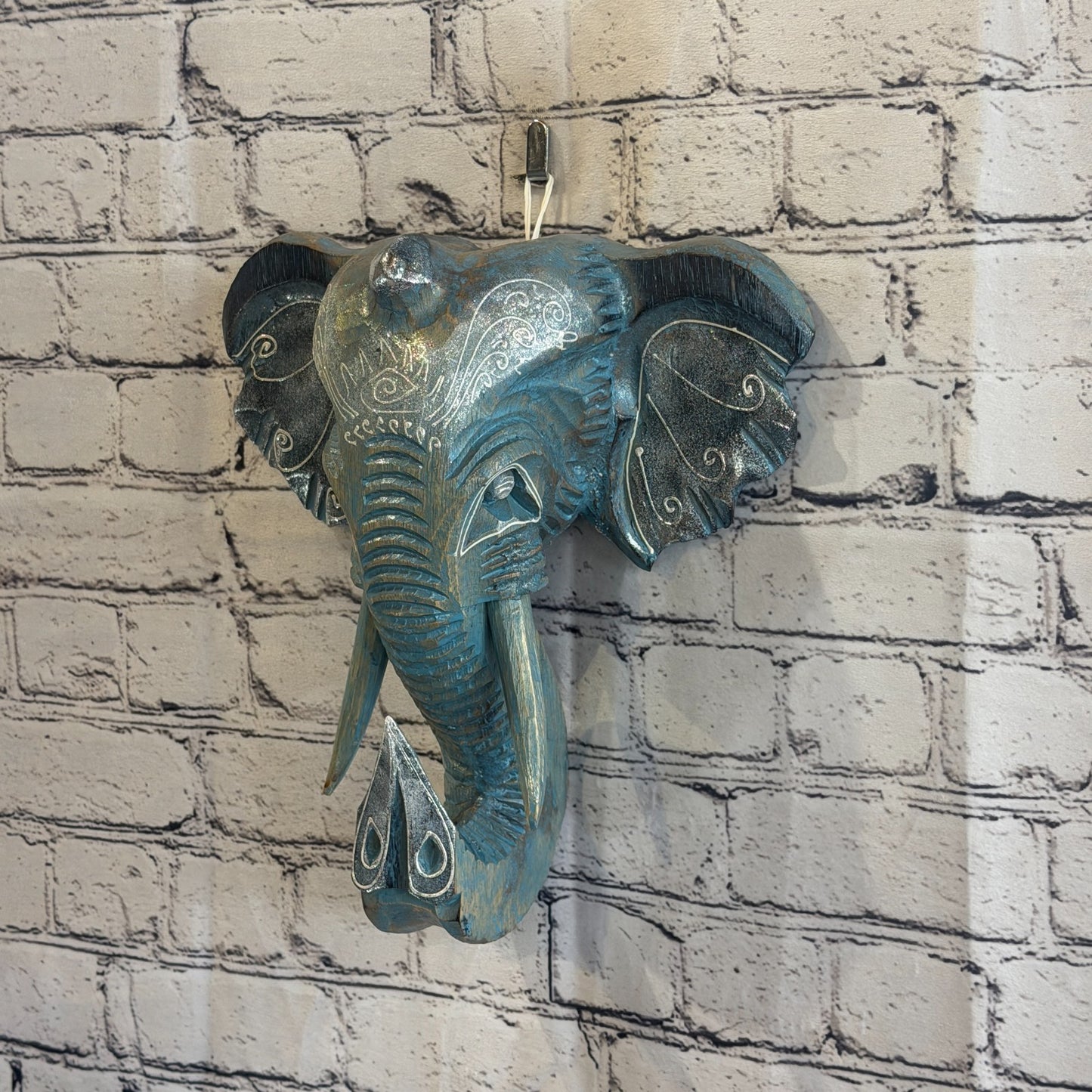 30cm x 30cm Silver Blue Painted Wood Elephant Head Wall Mounted Art Shabby1
