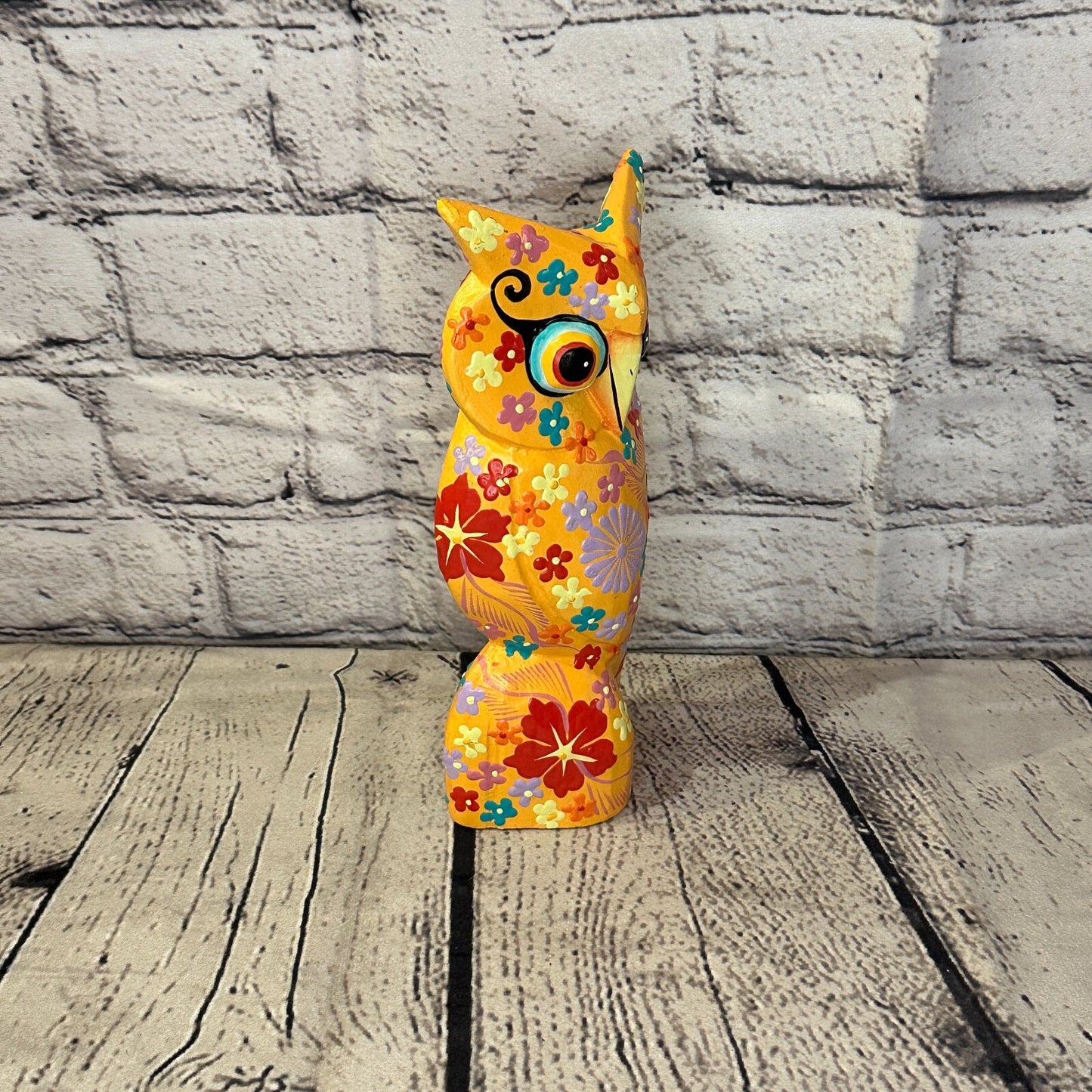 Orange Large Wooden Owl With Flower Pattern 20cm x 8cm Handmade and Fairtrade2