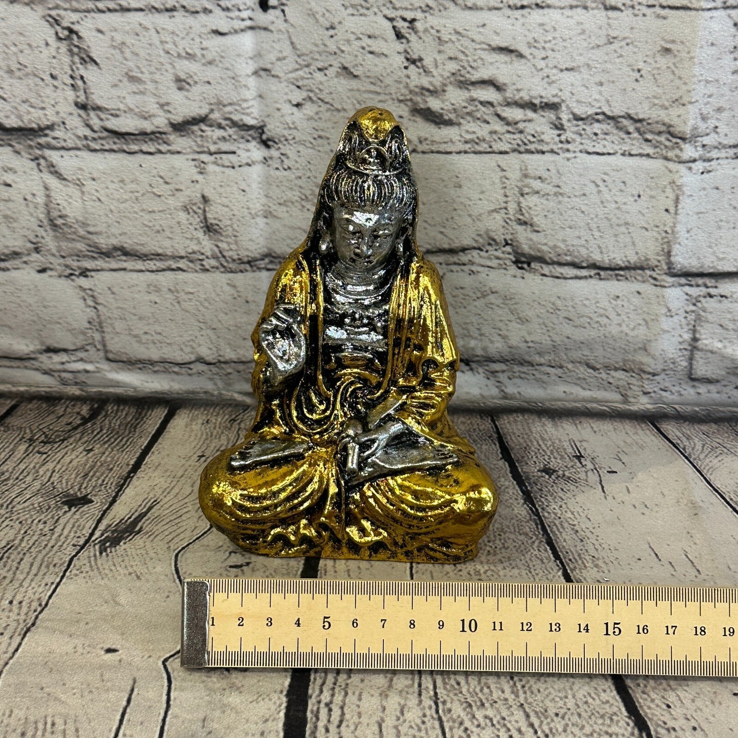 Silver And Gold 18cm x 10cm Small Quan Yin Sitting Lotus Statue Resin Hindu God7