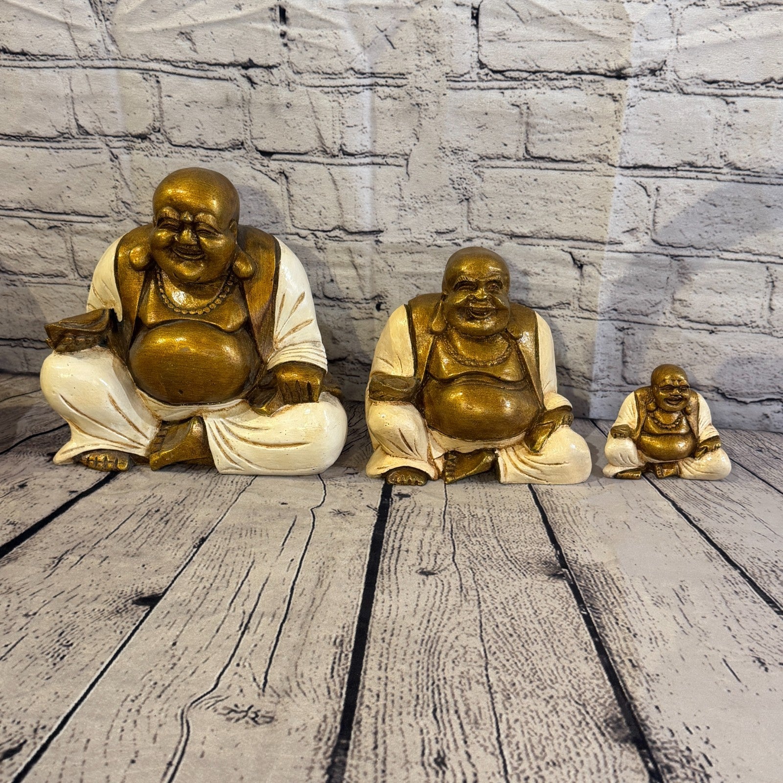 Cream & Bronze 20cm x 20cm Large Chinese Buddha Sitting On Lotus Statue Resin8