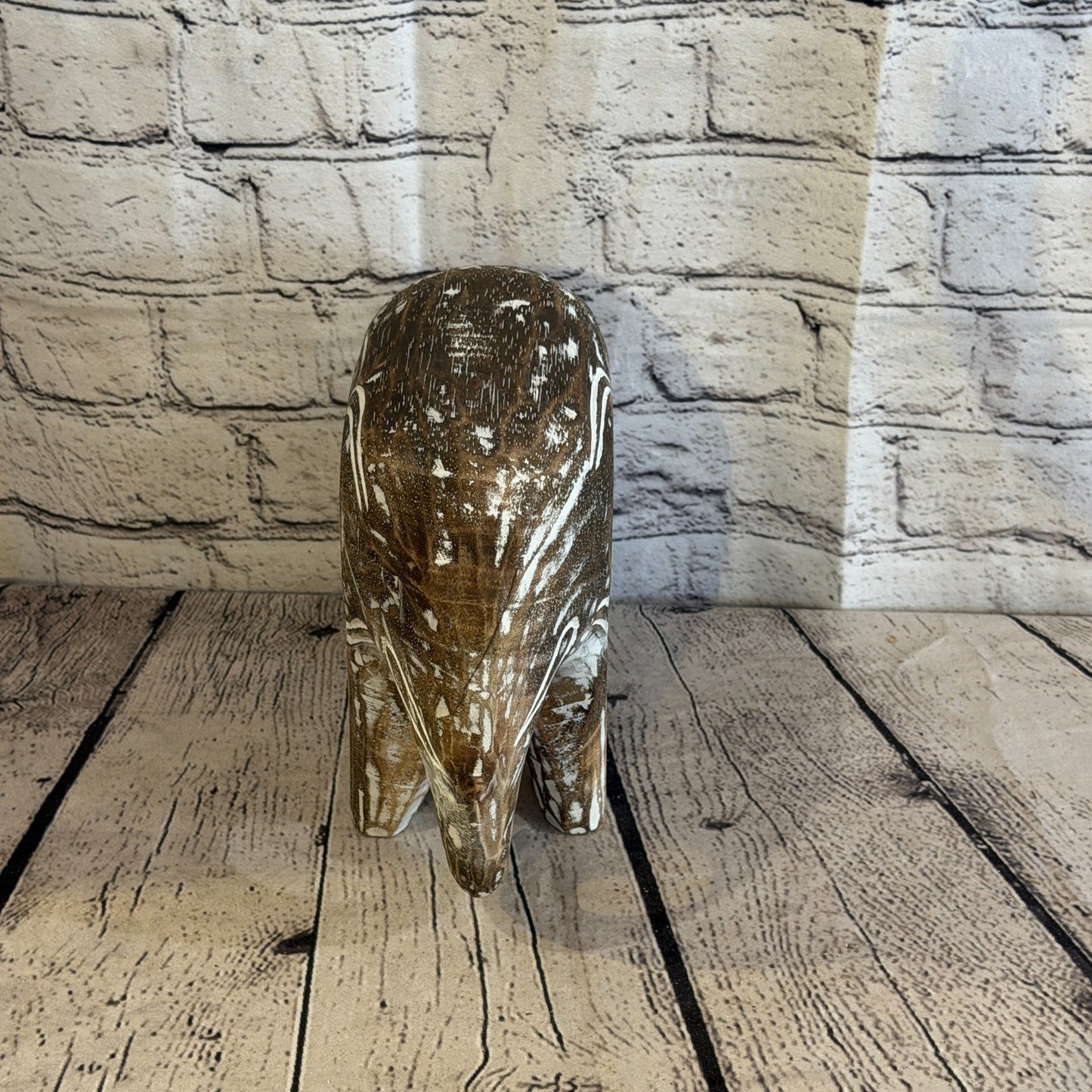 20cm x 25cm Brown Wood Wooden Standing Elephant Hand Carved Painted Statue1