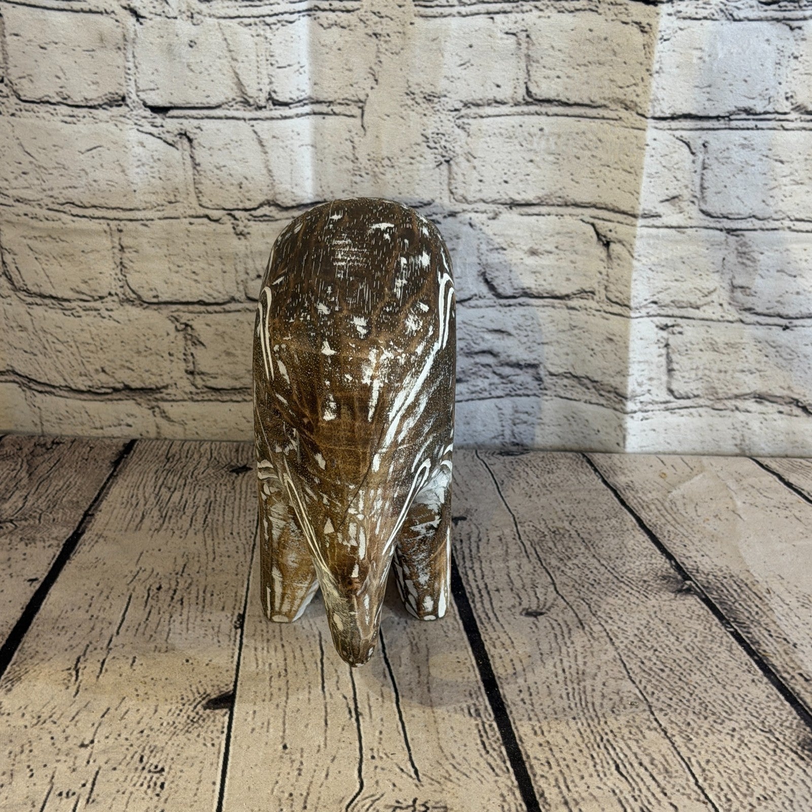 20cm x 25cm Brown Wood Wooden Standing Elephant Hand Carved Painted Statue1
