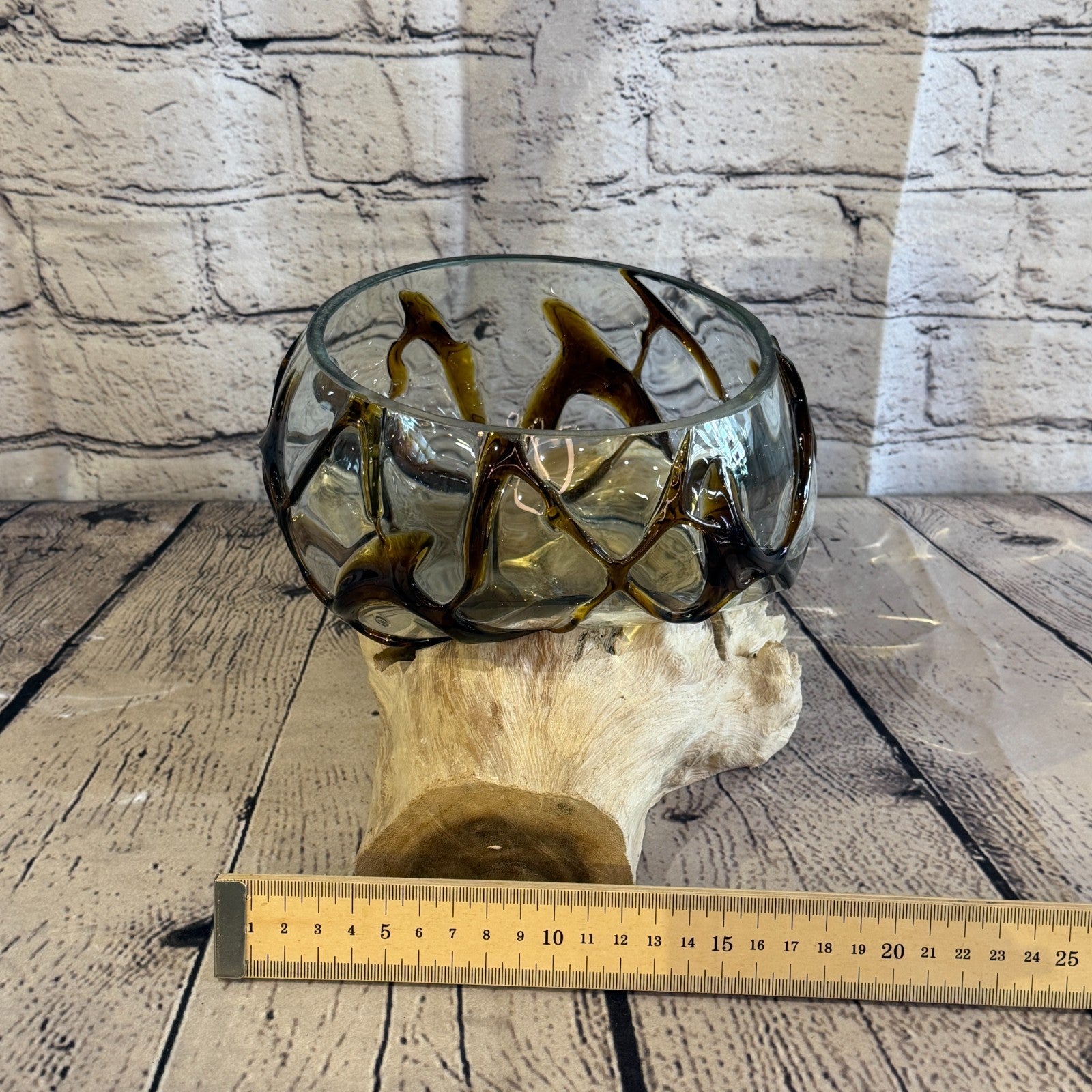 30cm Long Brown Streak Melted Glass Wood Decorative Bowl Glass Sculpture Crafted6